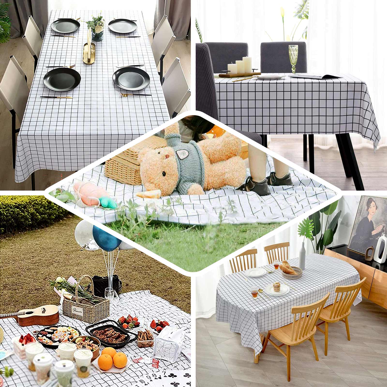 5-Pack Durable PVC Disposable Checkered Rectangle Table Covers in Black/White 54x108