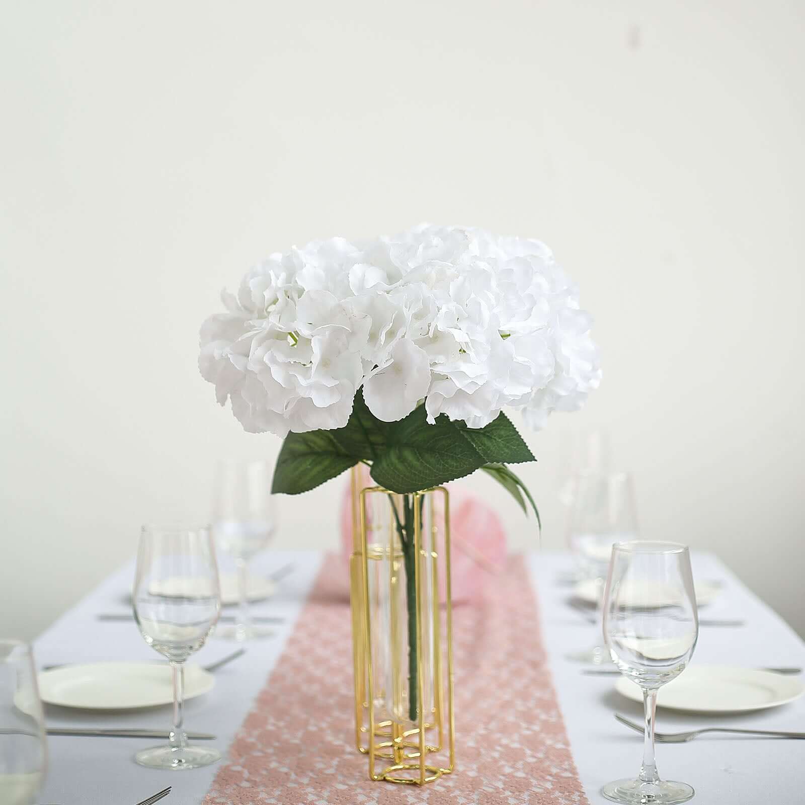 Set of 5 White Artificial Silk Hydrangea Flower Bushes for Decor