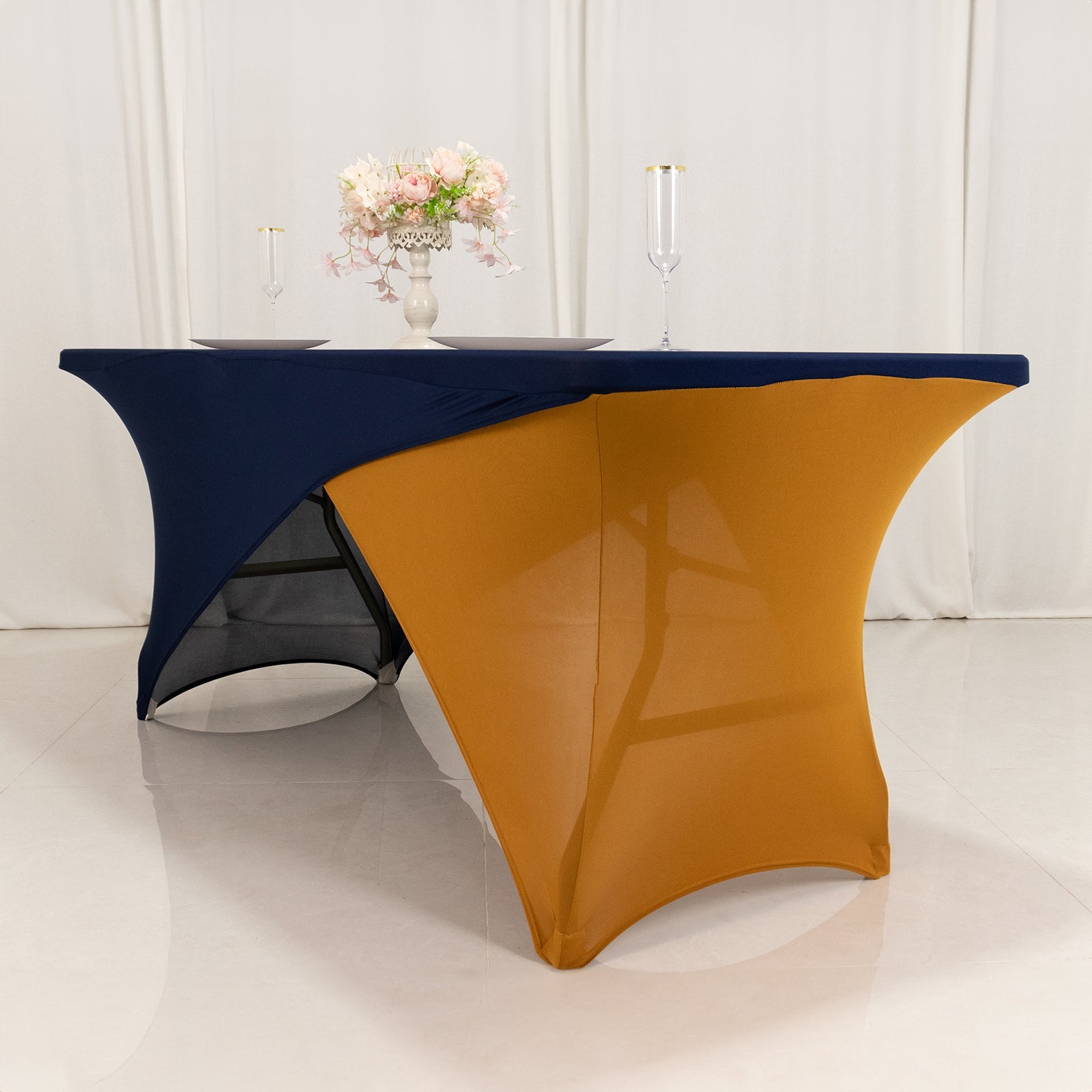 Navy Blue/Gold Stretch Spandex Two-Piece Fitted 72x30 Rectangle Table Cover