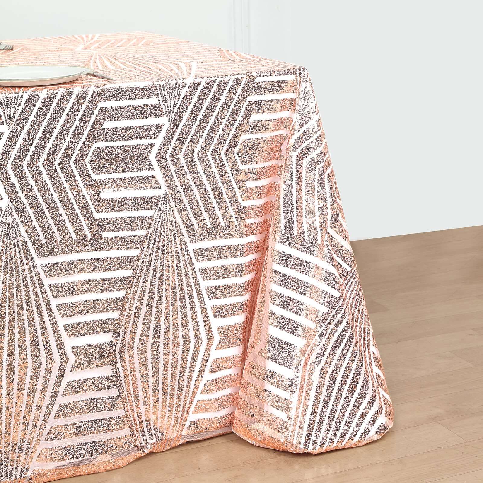 Hot Sale! Rose Gold Sequin Rectangle Tablecloth with Diamond Pattern, 90x132 Size