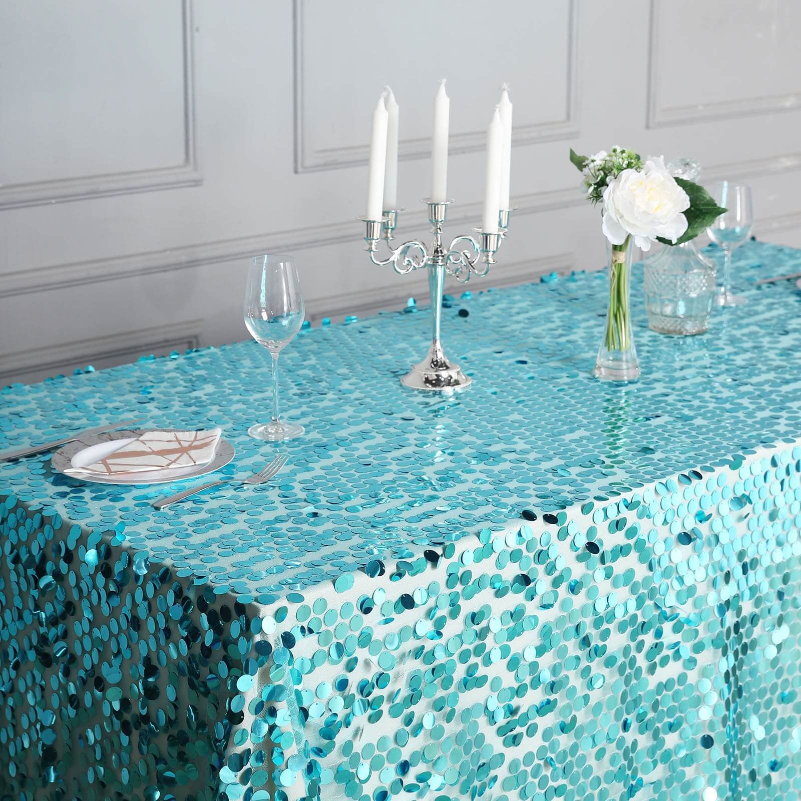Turquoise Seamless 90x132 Rectangle Sequin Tablecloth for Big Payette Tables
