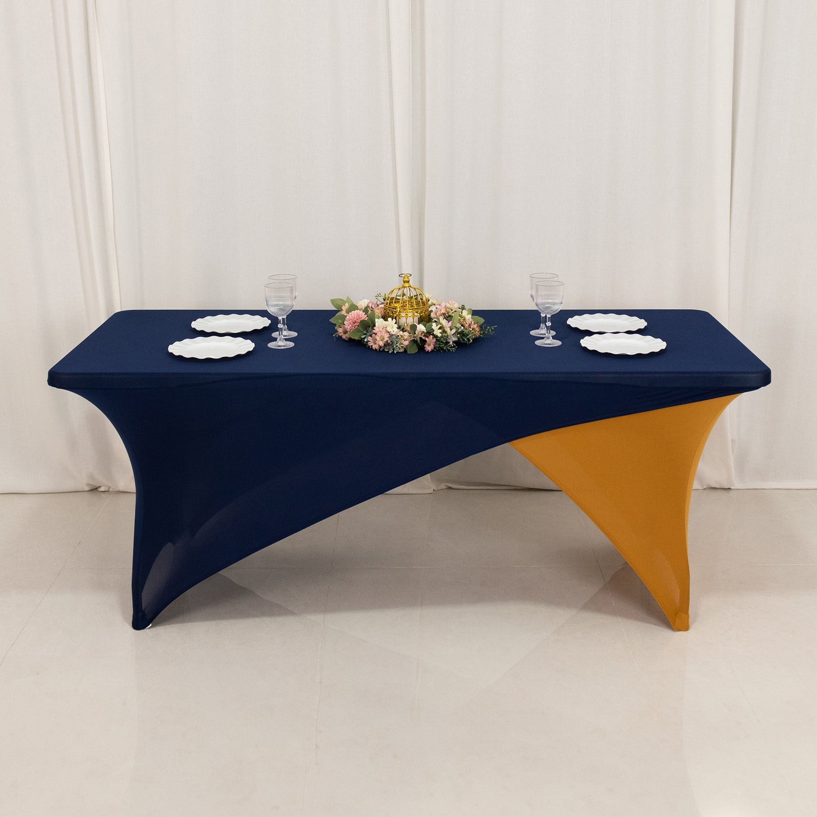 Navy Blue/Gold Stretch Spandex Two-Piece Fitted 72x30 Rectangle Table Cover