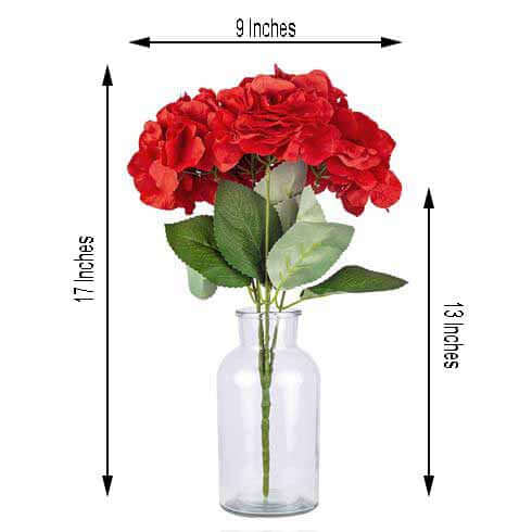 5 Red Artificial Silk Hydrangea Flower Bouquets - Lifelike & Full Bloom