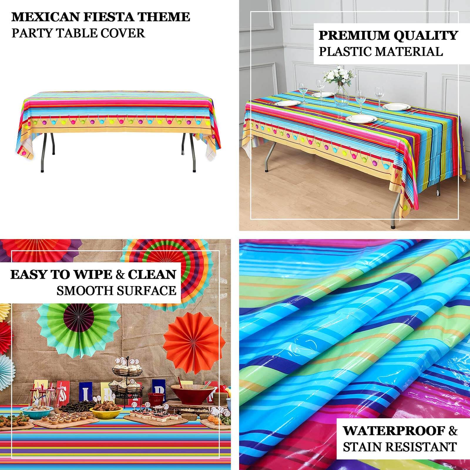 5-Pack Vibrant PVC Disposable Mexican Serape Rectangle Table Covers for Cinco De Mayo 54x108