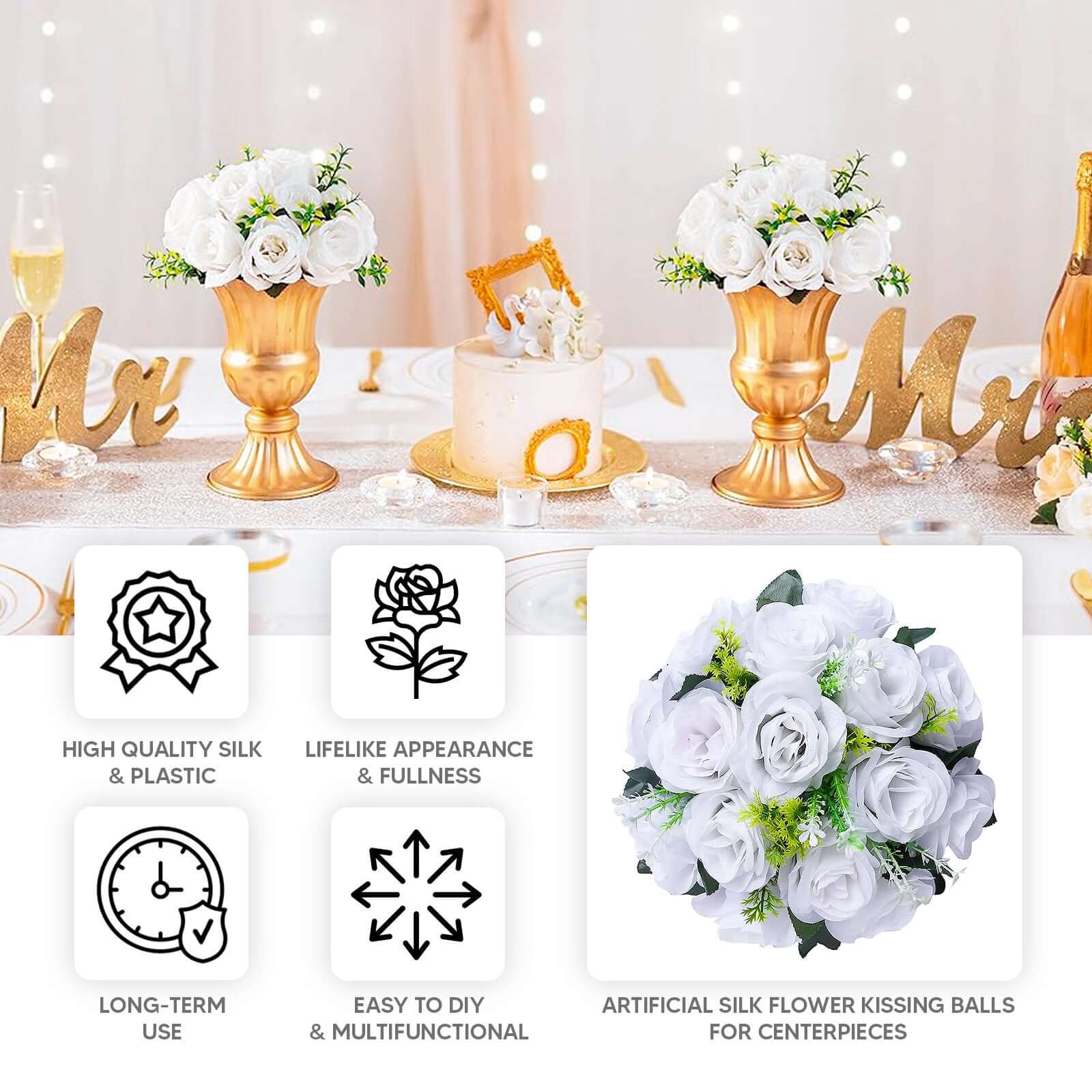 Special Offer: 2 Pack of Artificial White Silk 15-Head Rose Flower Balls for Centerpiece Decor