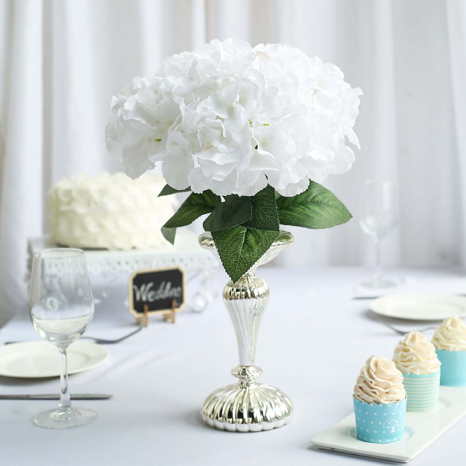 Set of 5 White Artificial Silk Hydrangea Flower Bushes for Decor