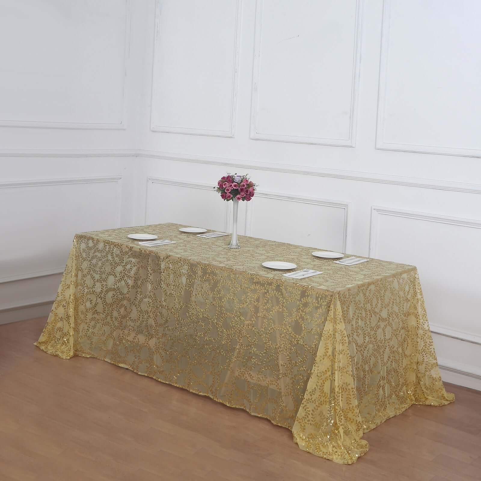 Luxurious Gold Sequin Leaf-Embroidered 90x156 Rectangle Tablecloth for Grand Celebrations