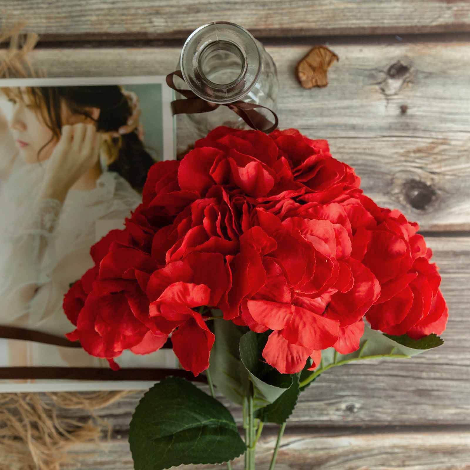 5 Red Artificial Silk Hydrangea Flower Bouquets - Lifelike & Full Bloom