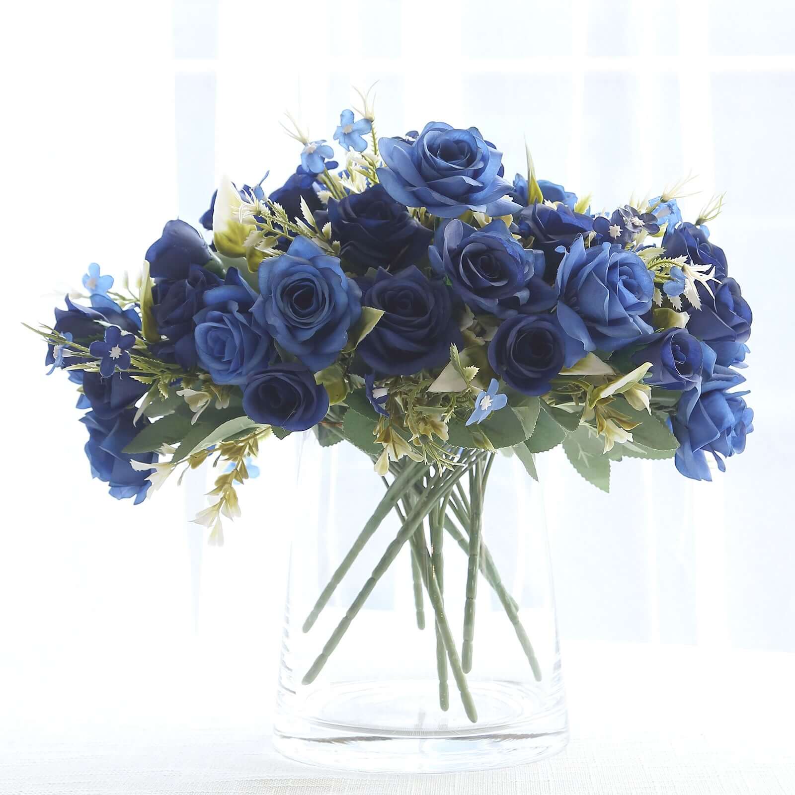 12-Inch Navy Blue Real Touch Artificial Silk Rose Flower Bouquet with 4 Bushes