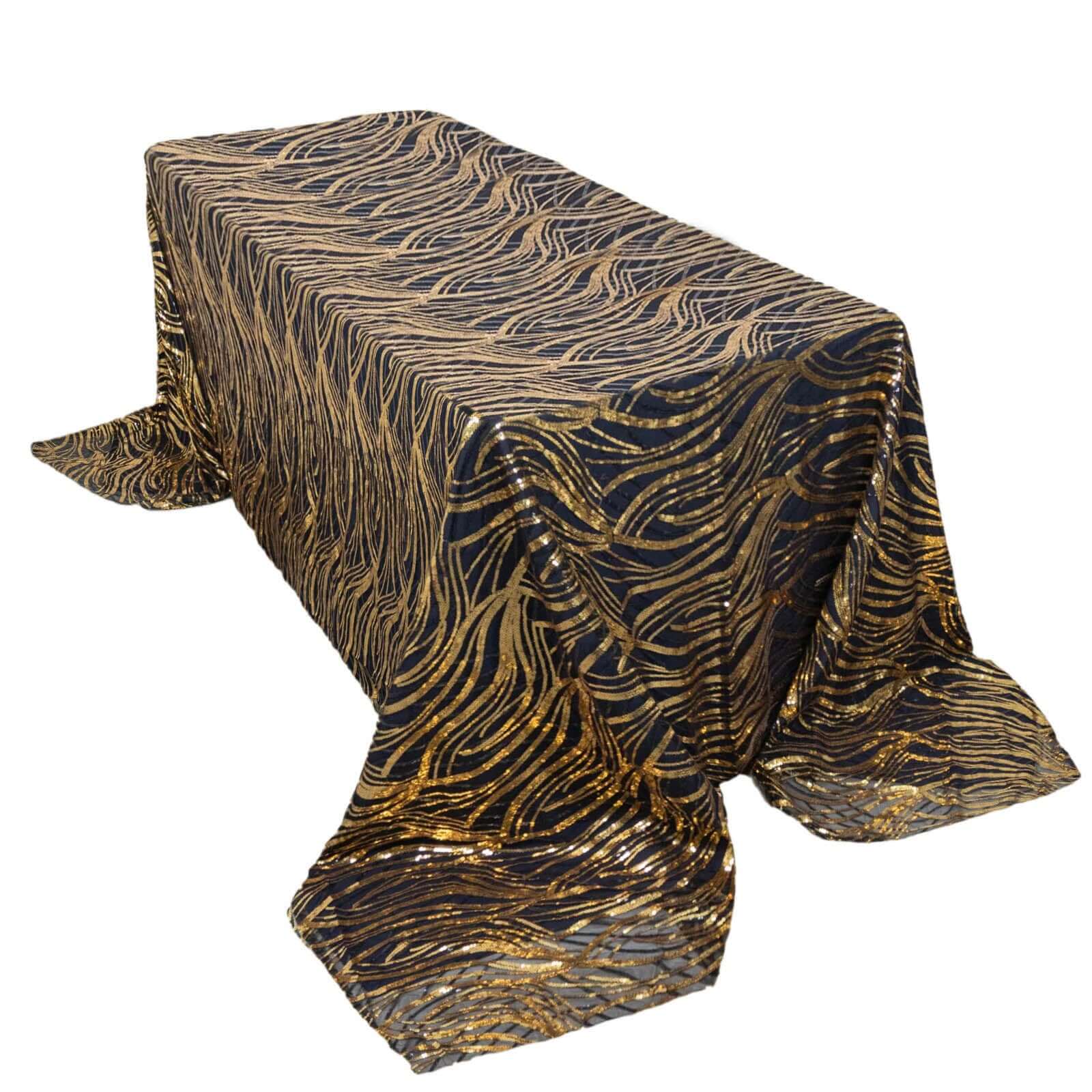 Black/Gold Sparkly Wave Sequin Embroidered Mesh Rectangle Tablecloth 90x156