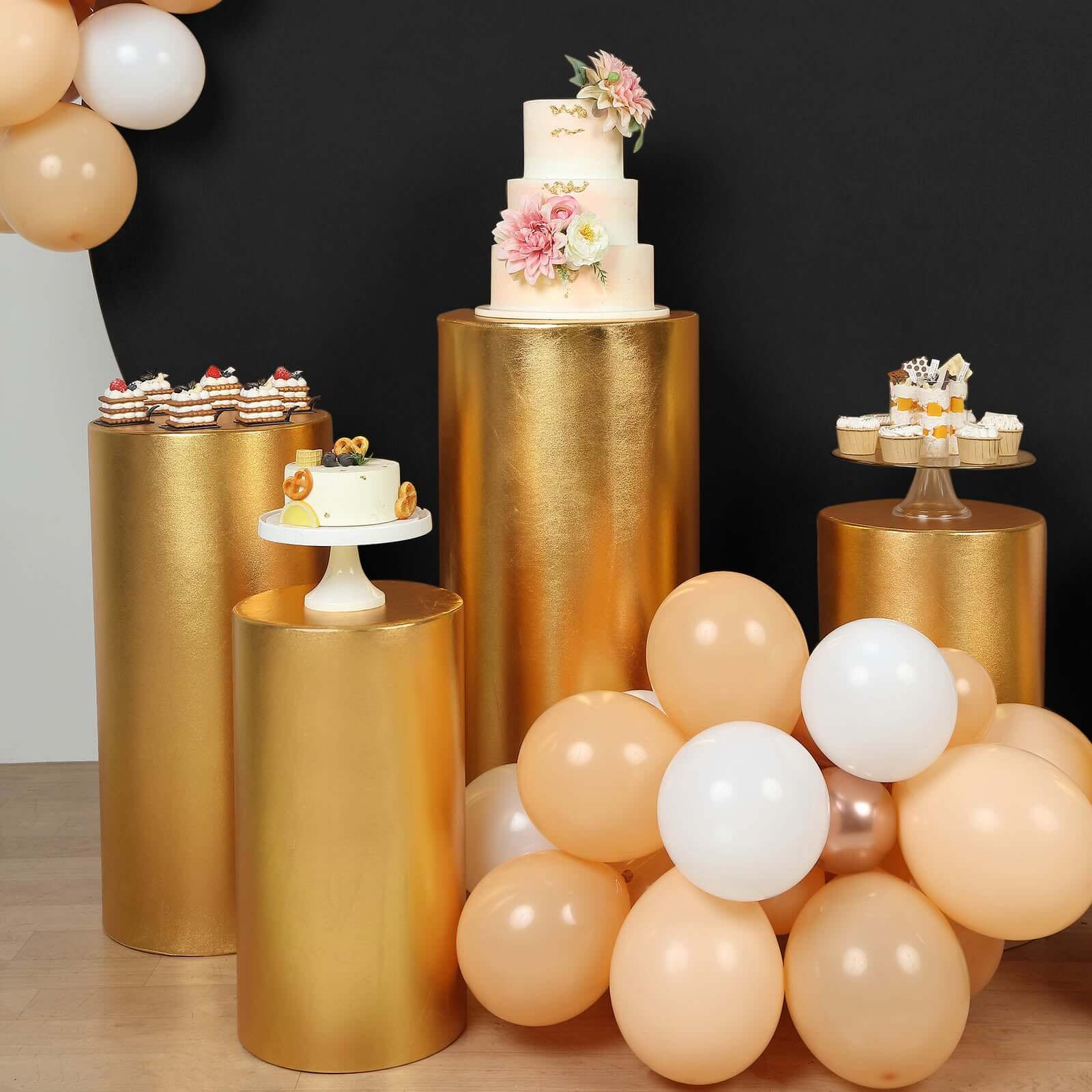 Special Offer! Set of 5 Shiny Metallic Gold Spandex Cylinder Pedestal Stand Covers - 130 GSM