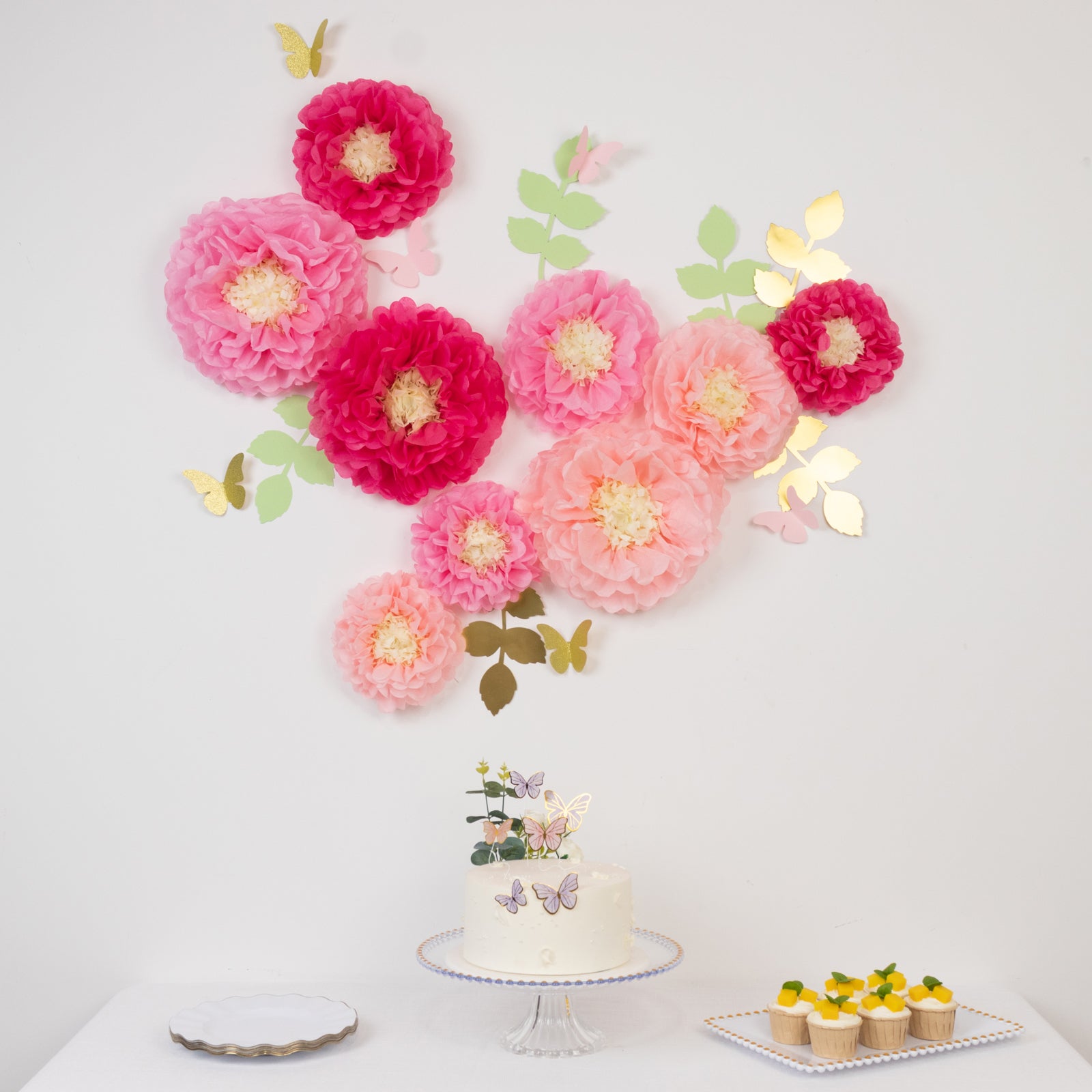 Hot Sale! Set of 21 Tissue Paper Chrysanthemum Pom Poms Decor Kit in Blush Pink with Butterflies & Olive Leaves