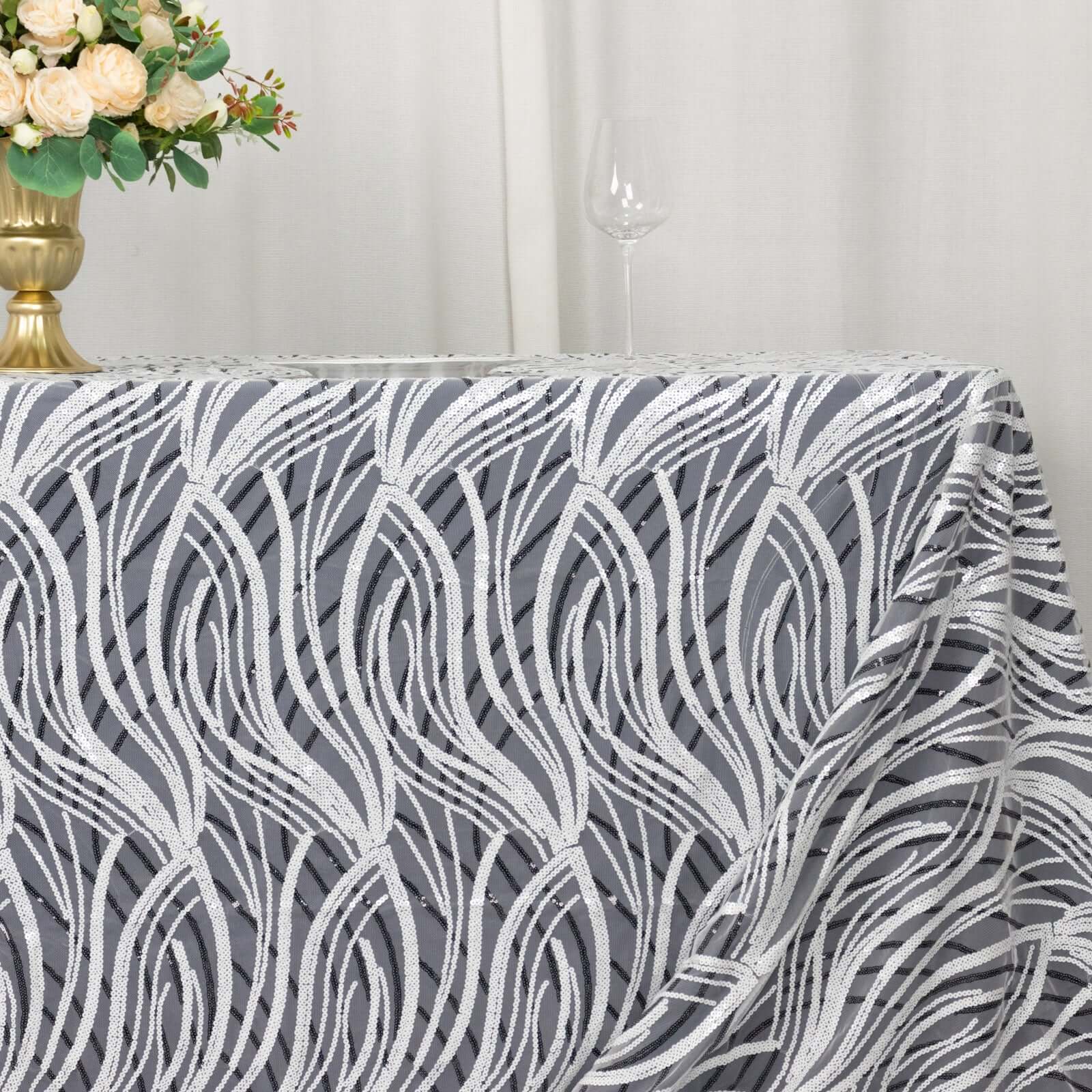 Sparkly Wave Sequin Embroidered White & Black Mesh Rectangle Tablecloth 90x156
