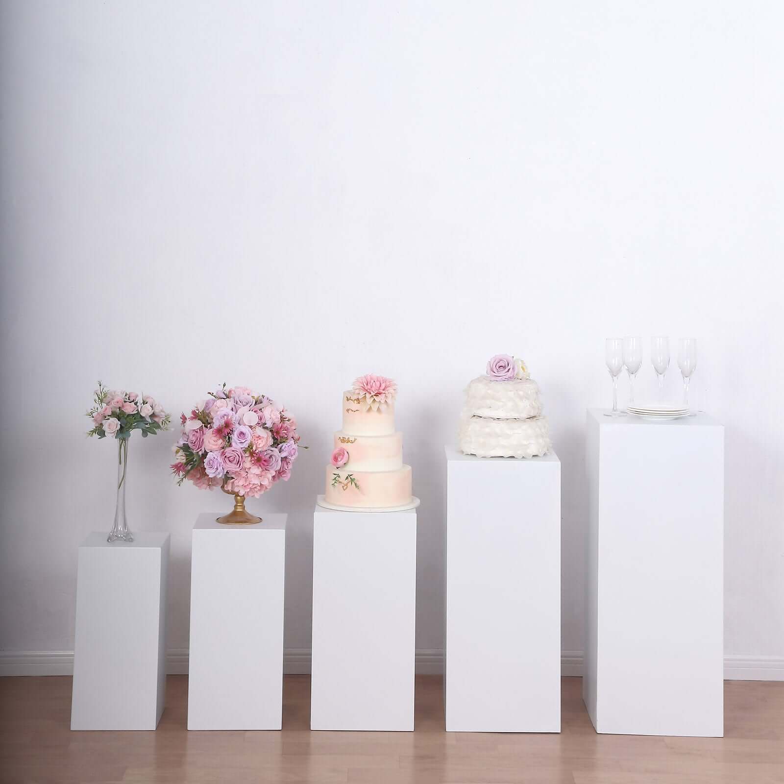 Set of 5 White Rectangular Metal Pedestal Stands for Backdrop Decor