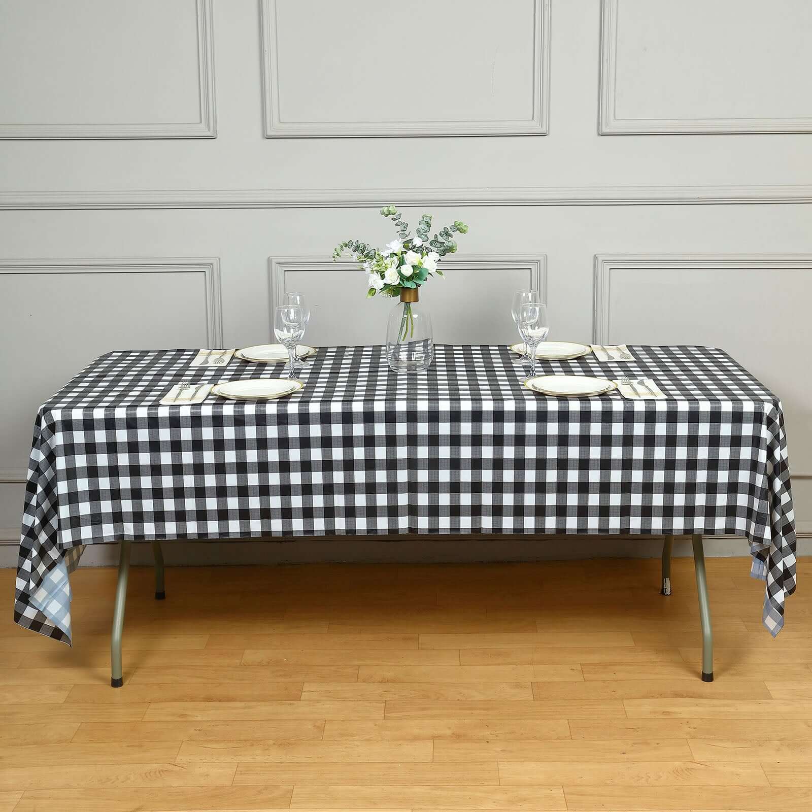 5-Pack Durable PVC Disposable Black Checkered Plastic Rectangle Table Covers 54x108