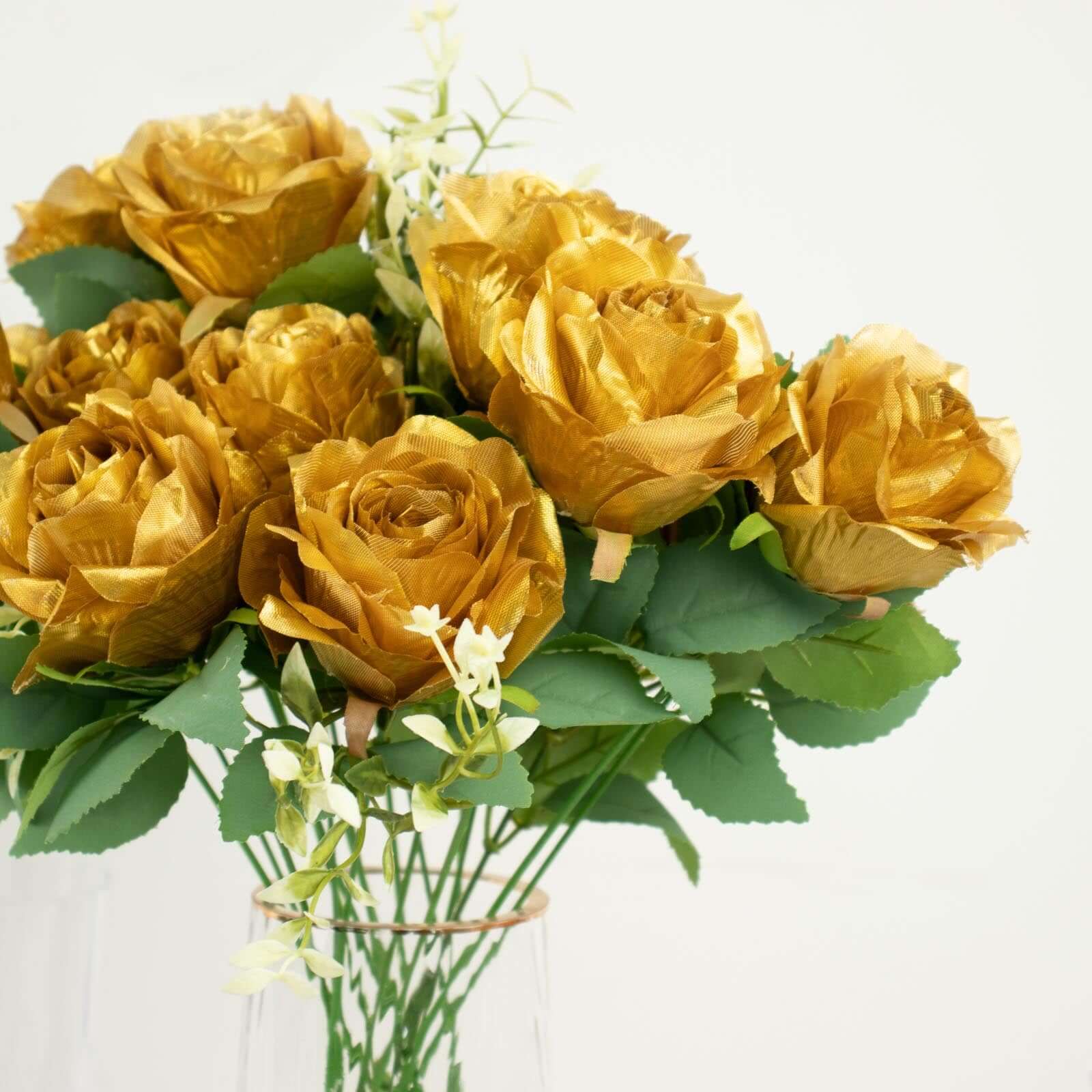 2 Bushes of 18 Realistic Touch Gold Silk Artificial Rose Flower Bouquets with Long Stems