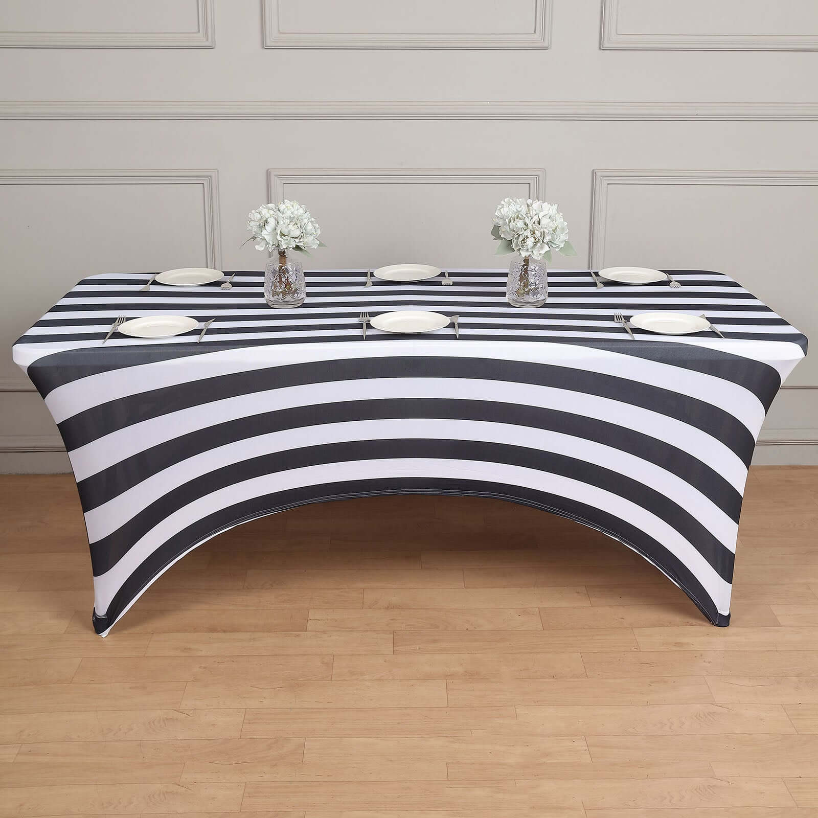 Exclusive Durable 8ft Stretch Spandex Rectangle Tablecloth with Black/White Vertical Stripes for Events