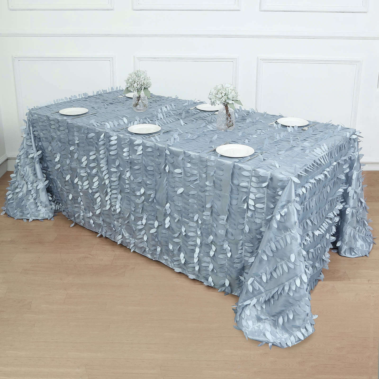 Exclusive Dusty Blue Taffeta Rectangle Tablecloth with 3D Leaf Petal Design