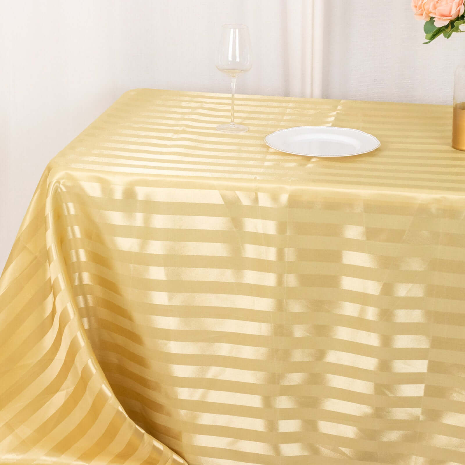 Champagne Satin Rectangular Tablecloth with Glossy Stripes, 90x132