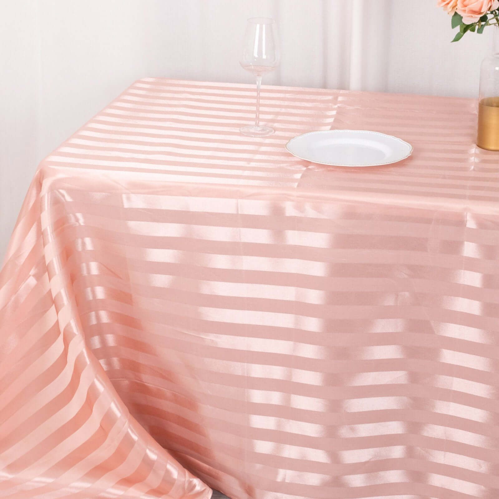 Hot Deal! Dusty Rose Satin Rectangular Tablecloth with Glossy Stripes, 90x132 inches
