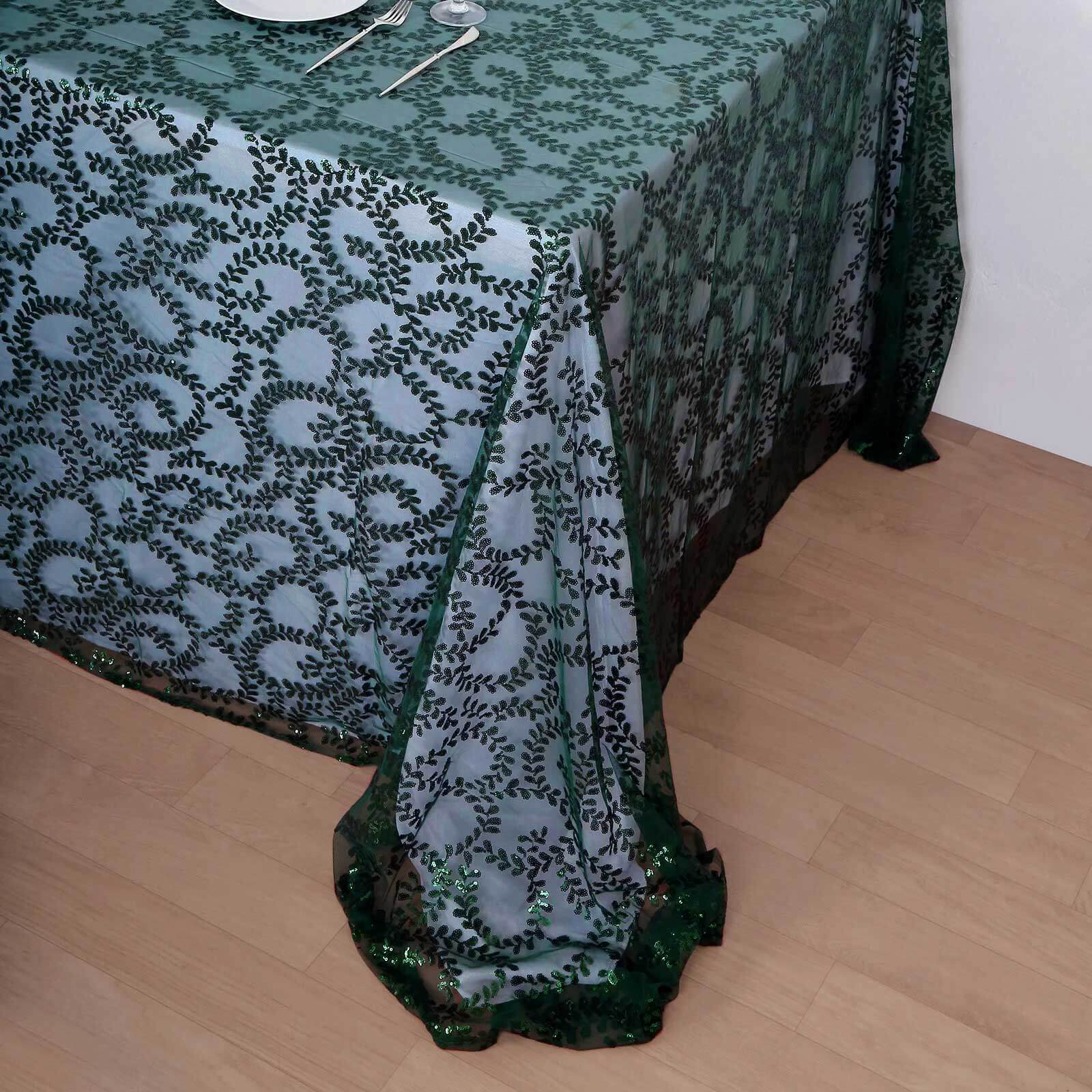 Hunter Emerald Green Sequin Leaf Embroidered 90x156 Rectangle Tulle Tablecloth