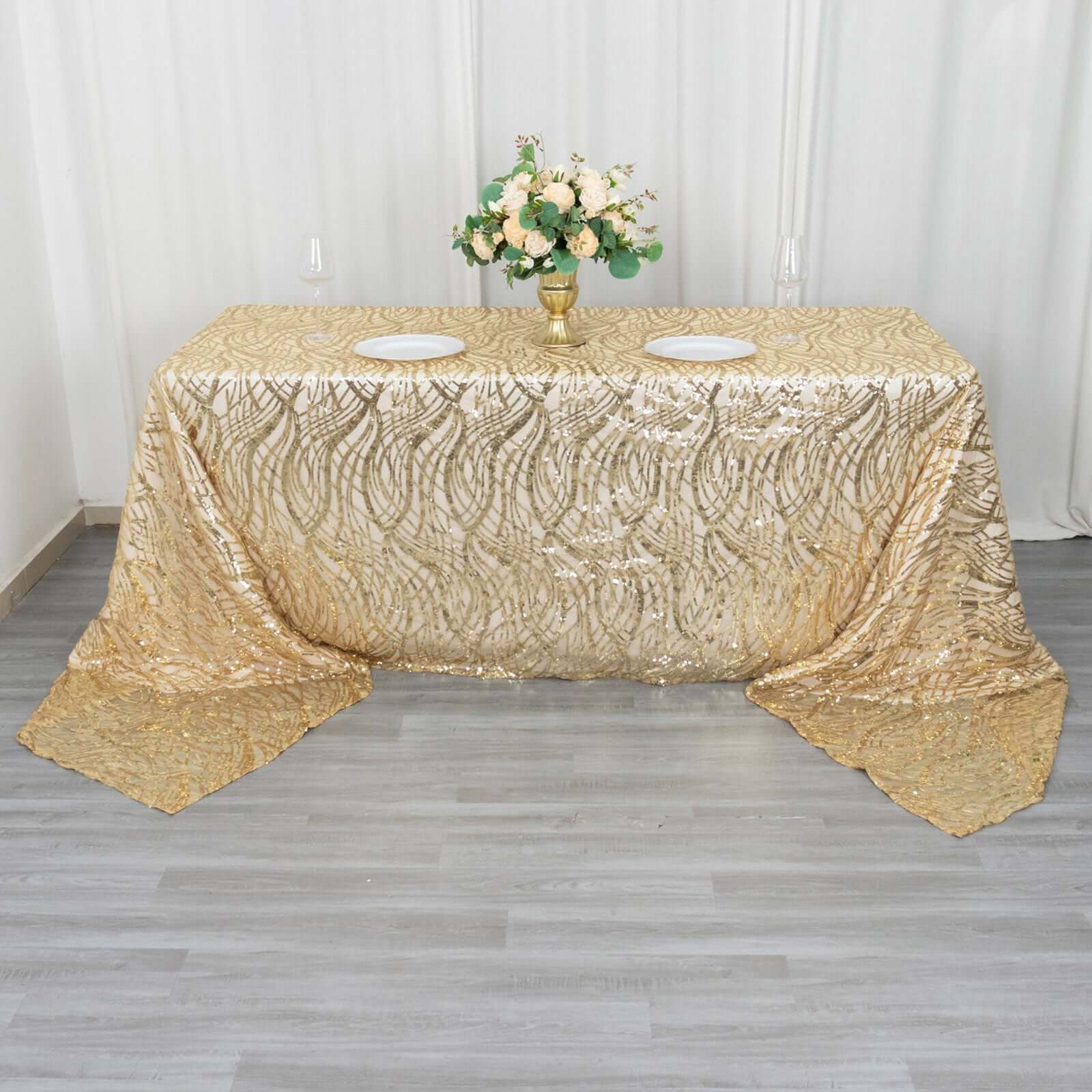 Champagne Sequin-Embroidered Mesh Rectangle Tablecloth 90x156 with Wave Pattern