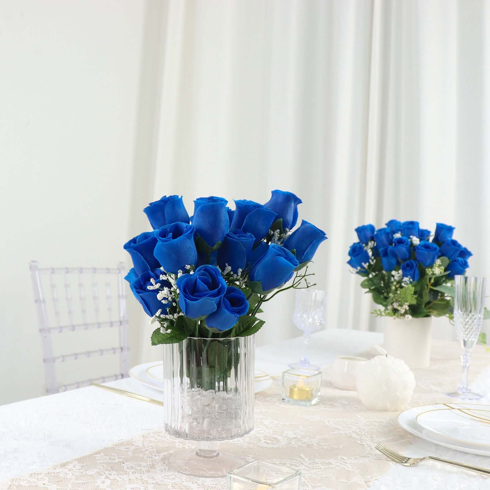 12 Bushes of Premium Royal Blue Artificial Silk Rose Bud Bouquets