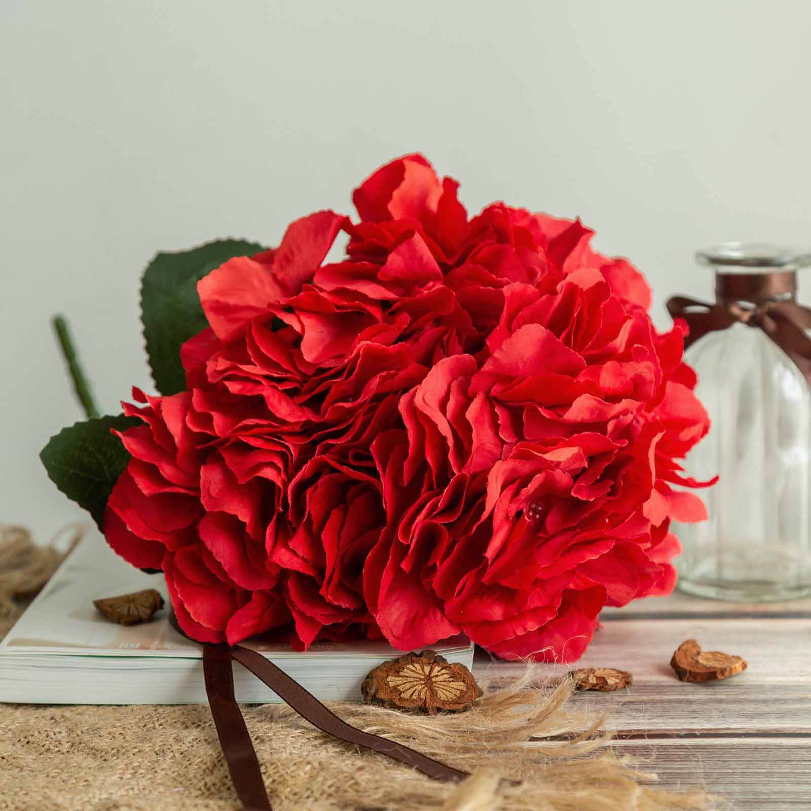 5 Red Artificial Silk Hydrangea Flower Bouquets - Lifelike & Full Bloom
