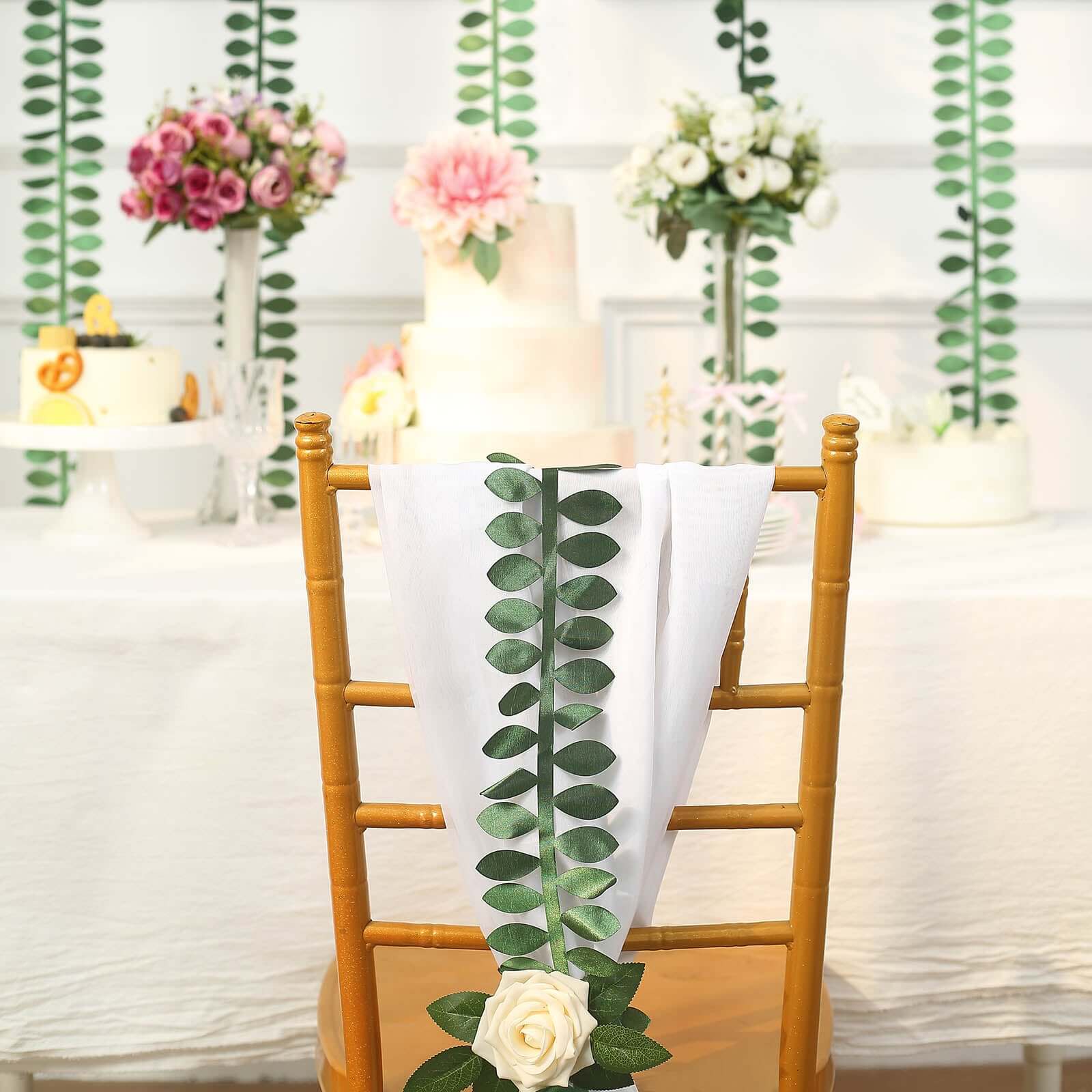 50ft Green Taffeta Ribbon Sash with 4 - Leaf Petal Design - Ideal Artificial Fabric Garland for Decor