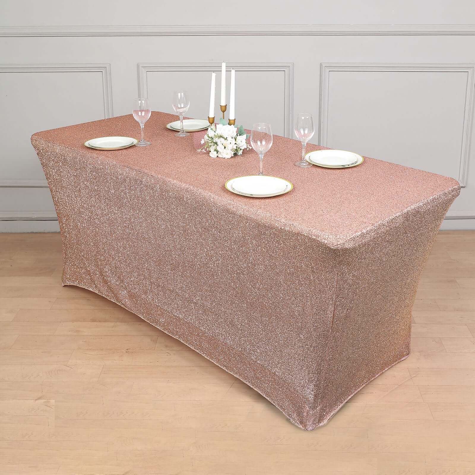 Hot! Rose Gold Glittered Stretch Spandex Tablecloth for Events