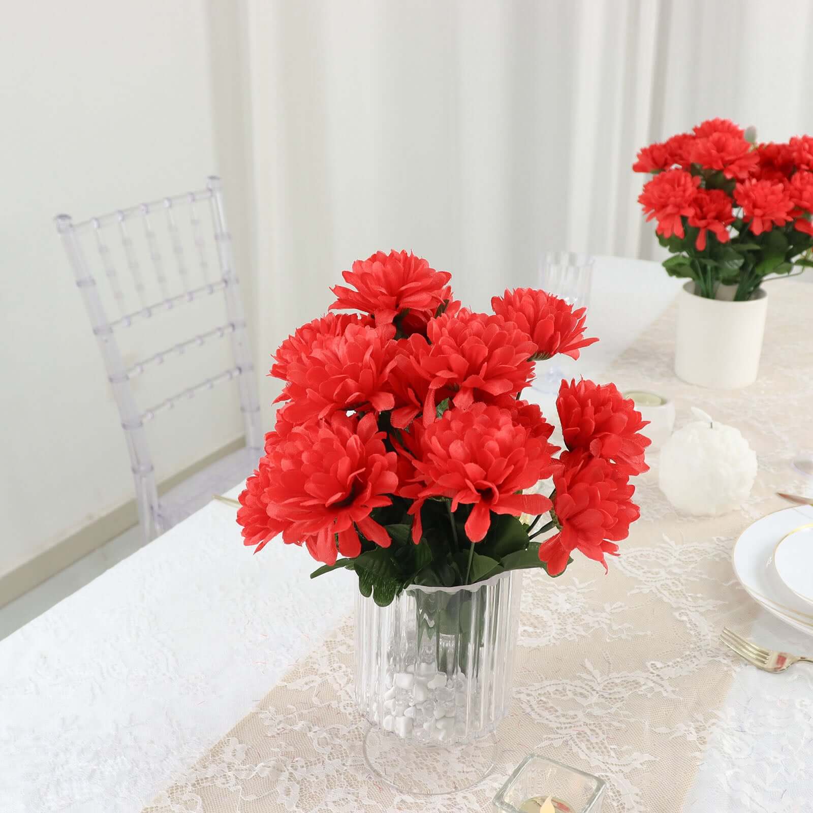 Hot Sale! 12 Bushes of Red Artificial Silk Chrysanthemum Flower Bouquets for Decor