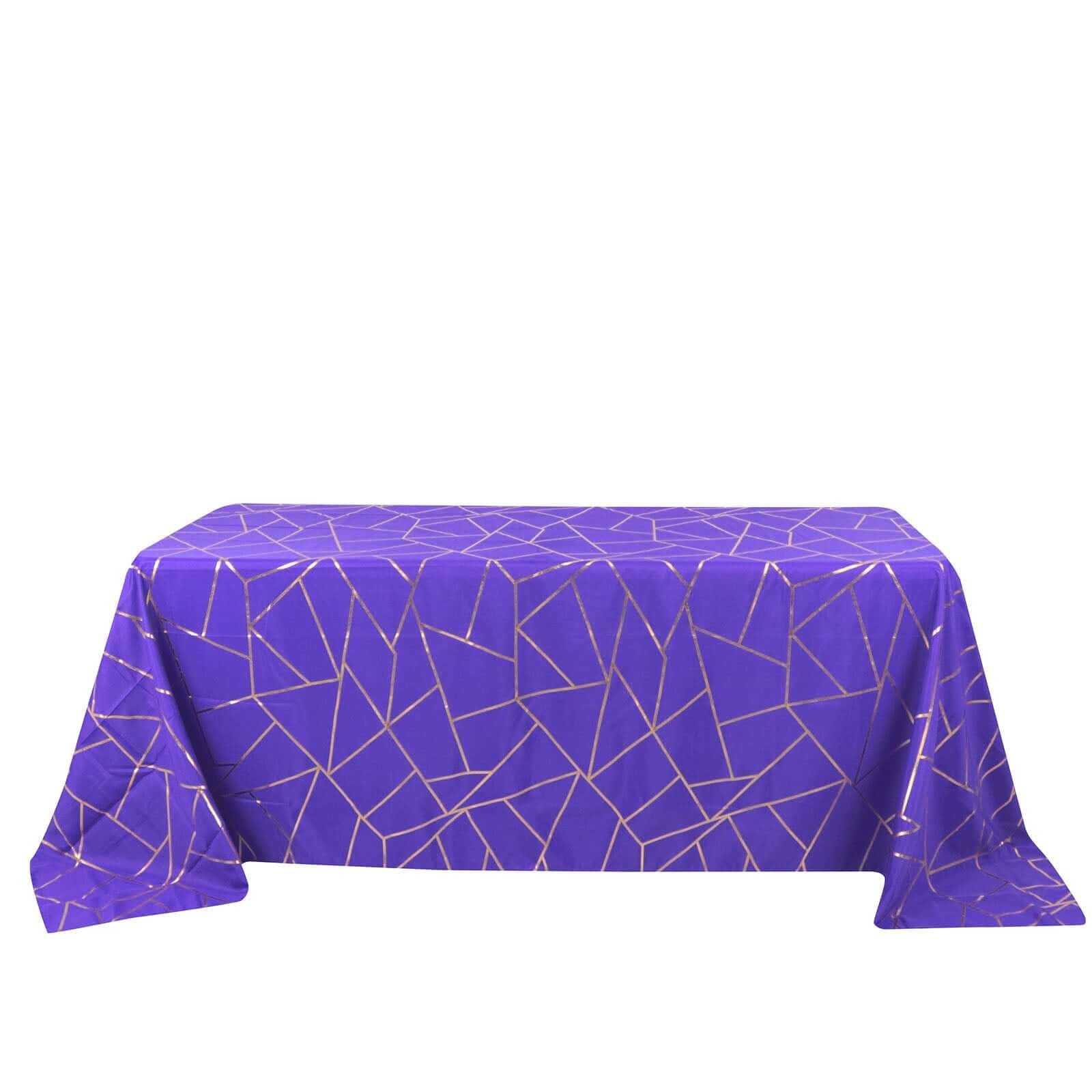 Wrinkle-Resistant Purple Polyester Tablecloth with Gold Foil Geometric Pattern, 90x132