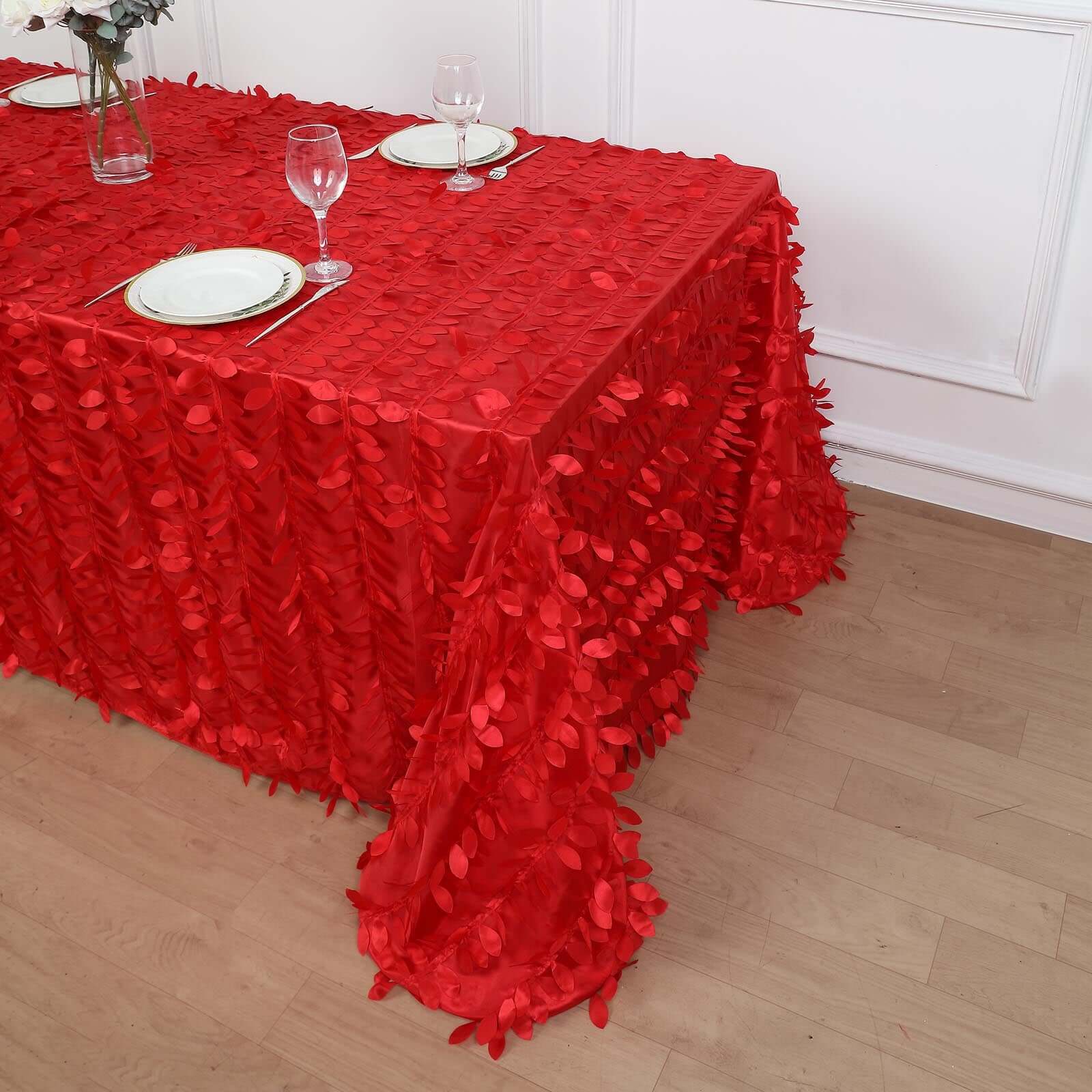Hot Deal! Red Taffeta Rectangle Tablecloth with 3D Leaf Petal Design, 90x132