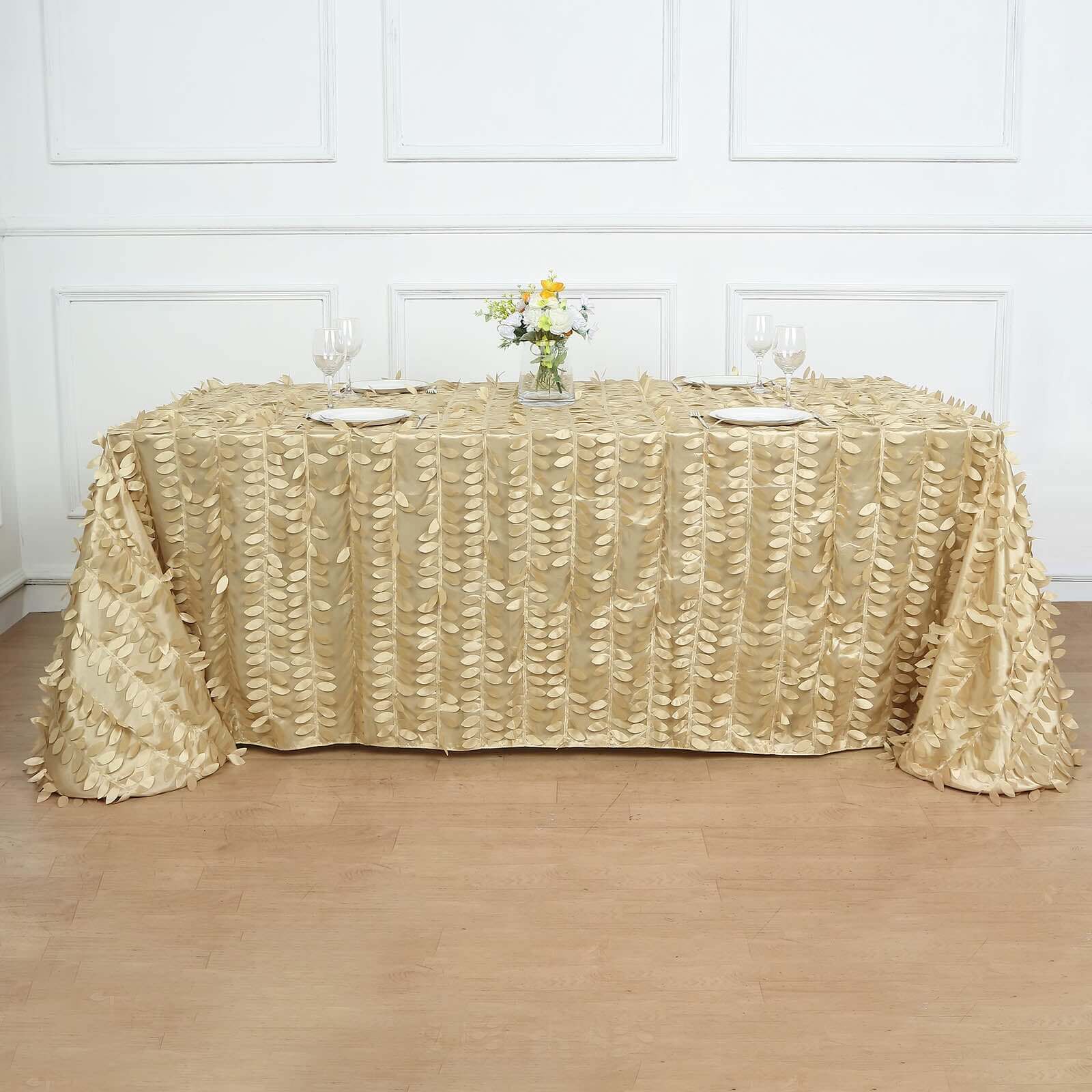 Champagne Taffeta Rectangle Tablecloth with 3D Leaf Petal Design - Perfect for Events!