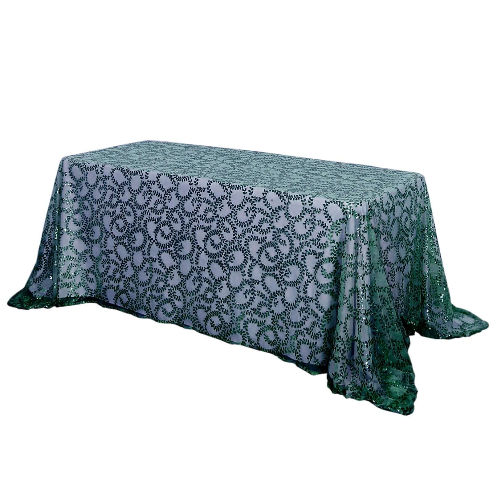 Hunter Emerald Green Sequin Leaf Embroidered 90x156 Rectangle Tulle Tablecloth