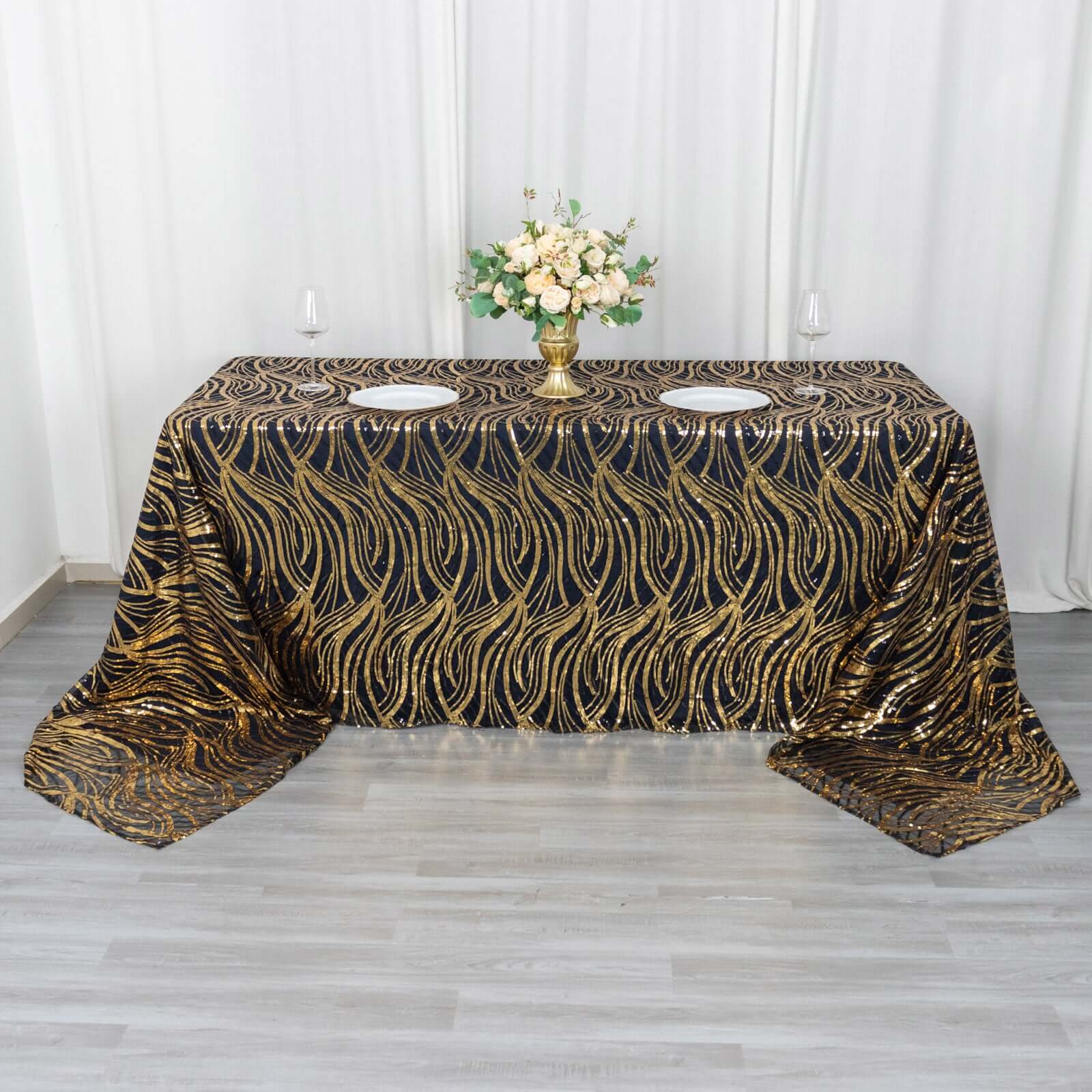 Black/Gold Sparkly Wave Sequin Embroidered Mesh Rectangle Tablecloth 90x156