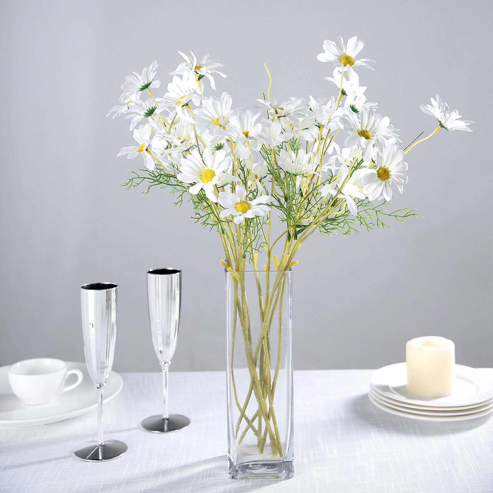 6-Bush White Artificial Silk Daisy Flower Stem Bouquet for Decor