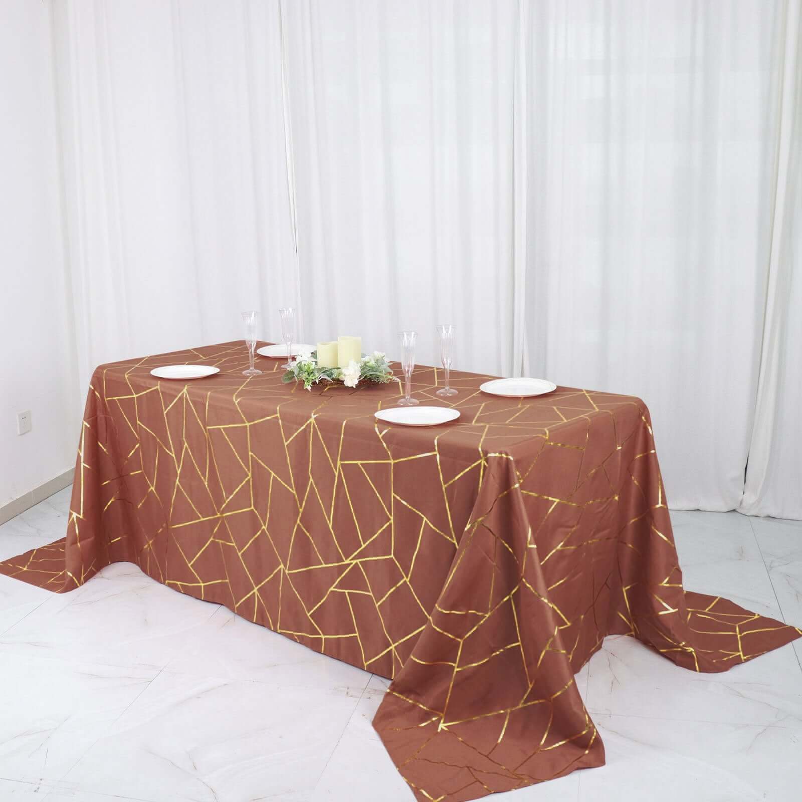 Wrinkle-Resistant Seamless Polyester Tablecloth: Terracotta with Gold Foil Geometric Pattern (90x132) - Ideal for Events