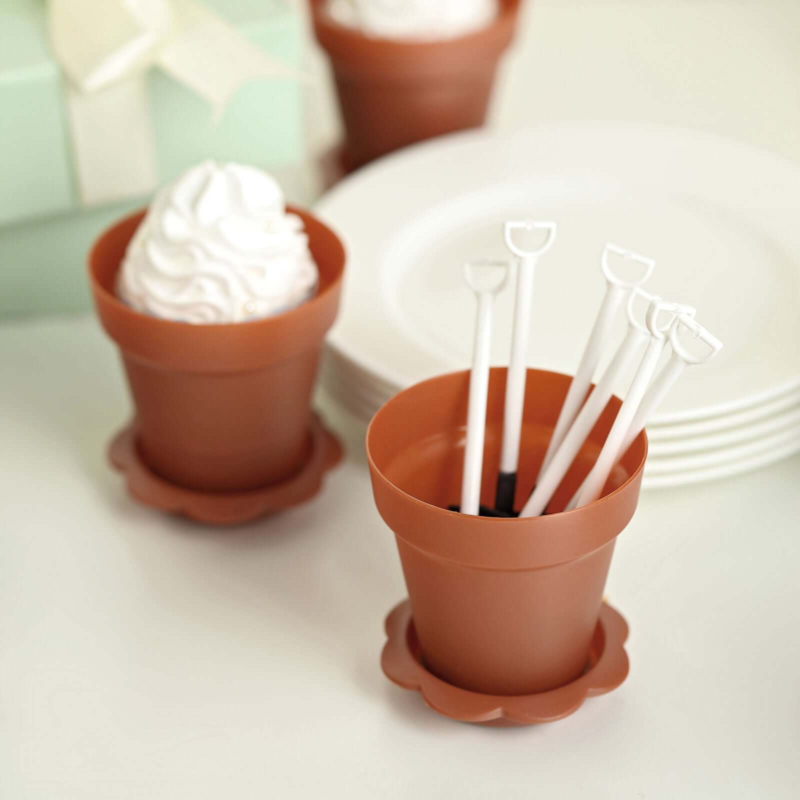 12-Pack Plastic Dessert Cups with Lids and Shovels in Terracotta (Rust) Succulent Planter Design