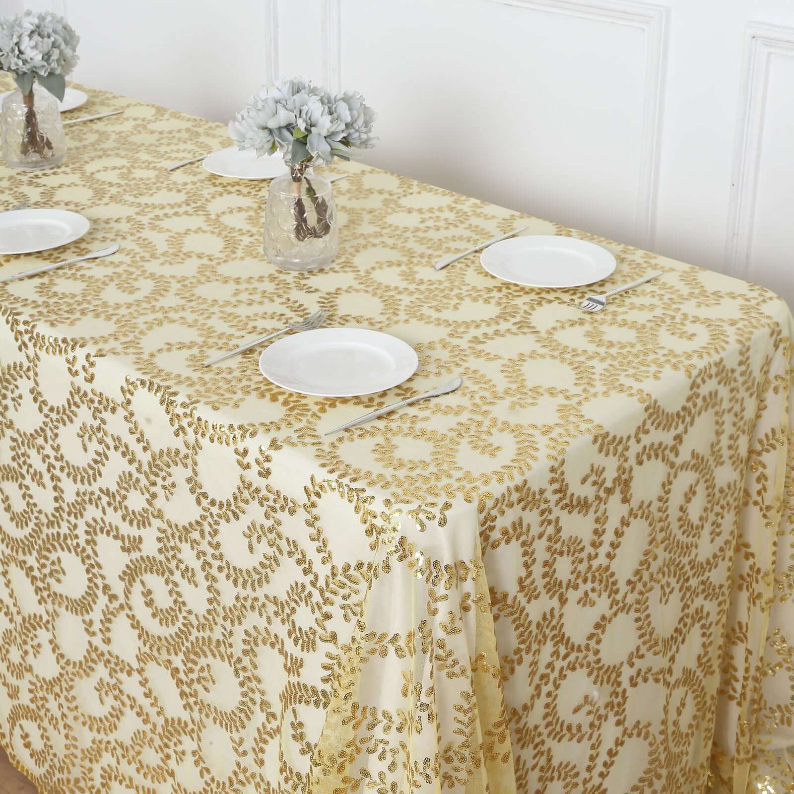 Luxurious Gold Sequin Leaf-Embroidered 90x156 Rectangle Tablecloth for Grand Celebrations