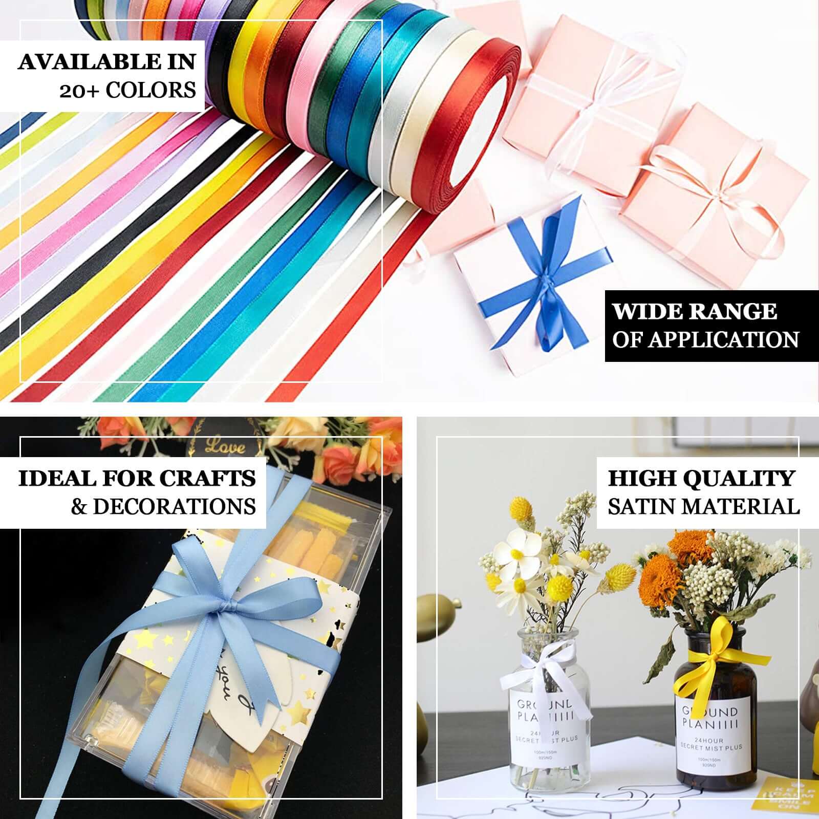 Hot Sale! 100-Yard 3/8-Inch Black Single-Sided Decorative Satin Ribbon for Various Occasions