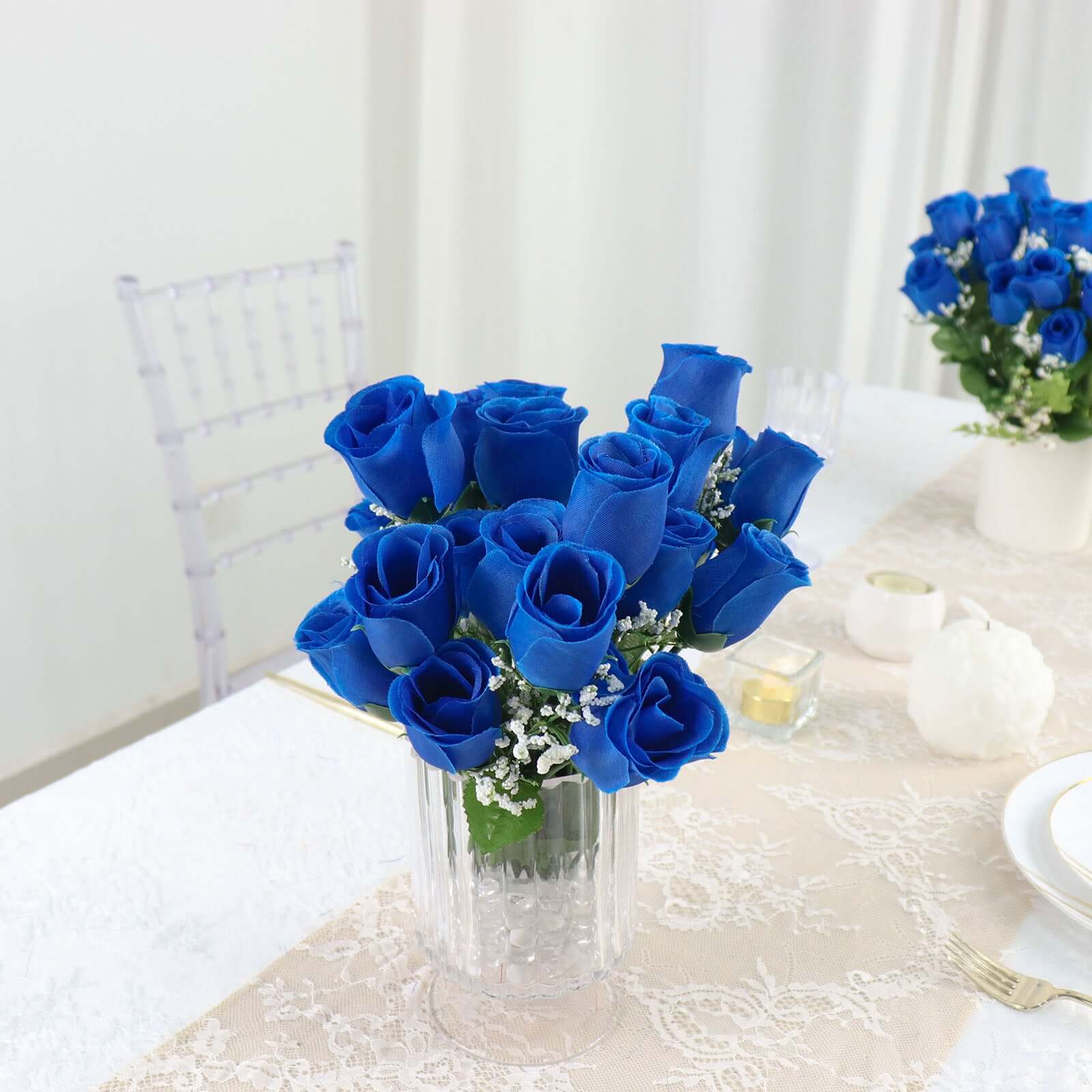 12 Bushes of Premium Royal Blue Artificial Silk Rose Bud Bouquets