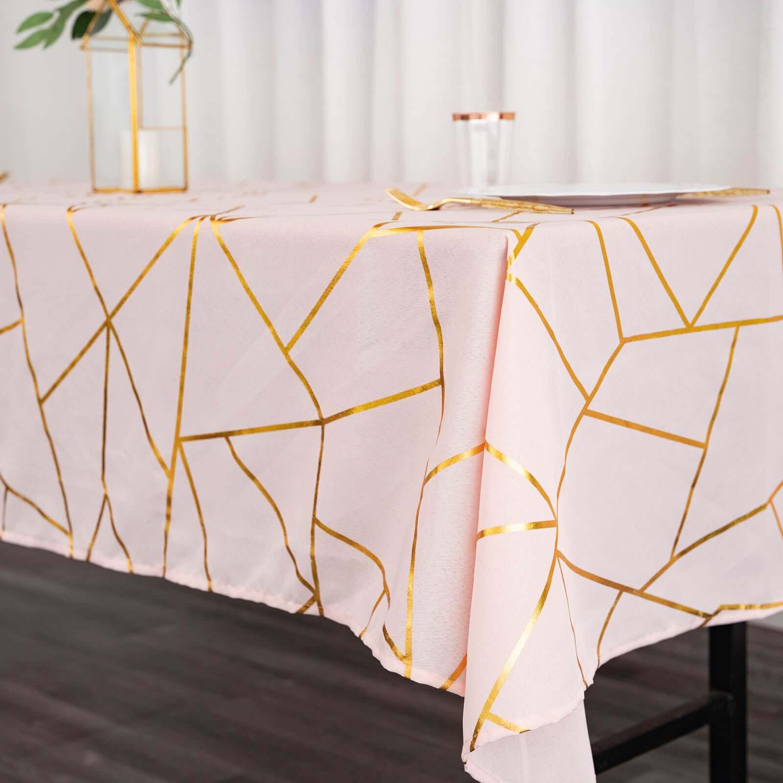 Wrinkle-Resistant & Durable Polyester Tablecloth: Blush with Gold Foil Geometric Pattern (60x102)