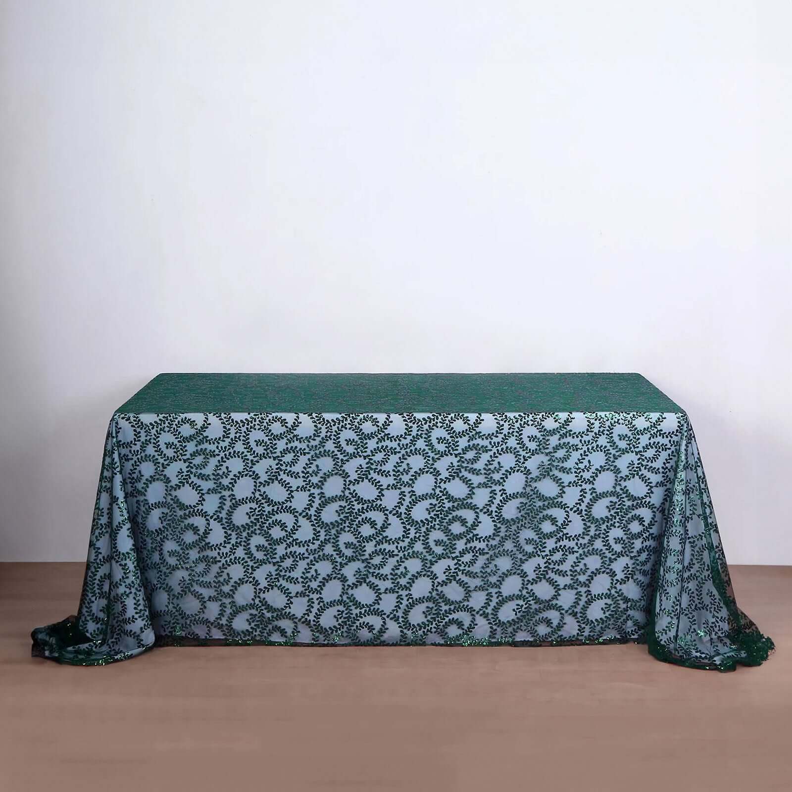 Hunter Emerald Green Sequin Leaf Embroidered 90x156 Rectangle Tulle Tablecloth