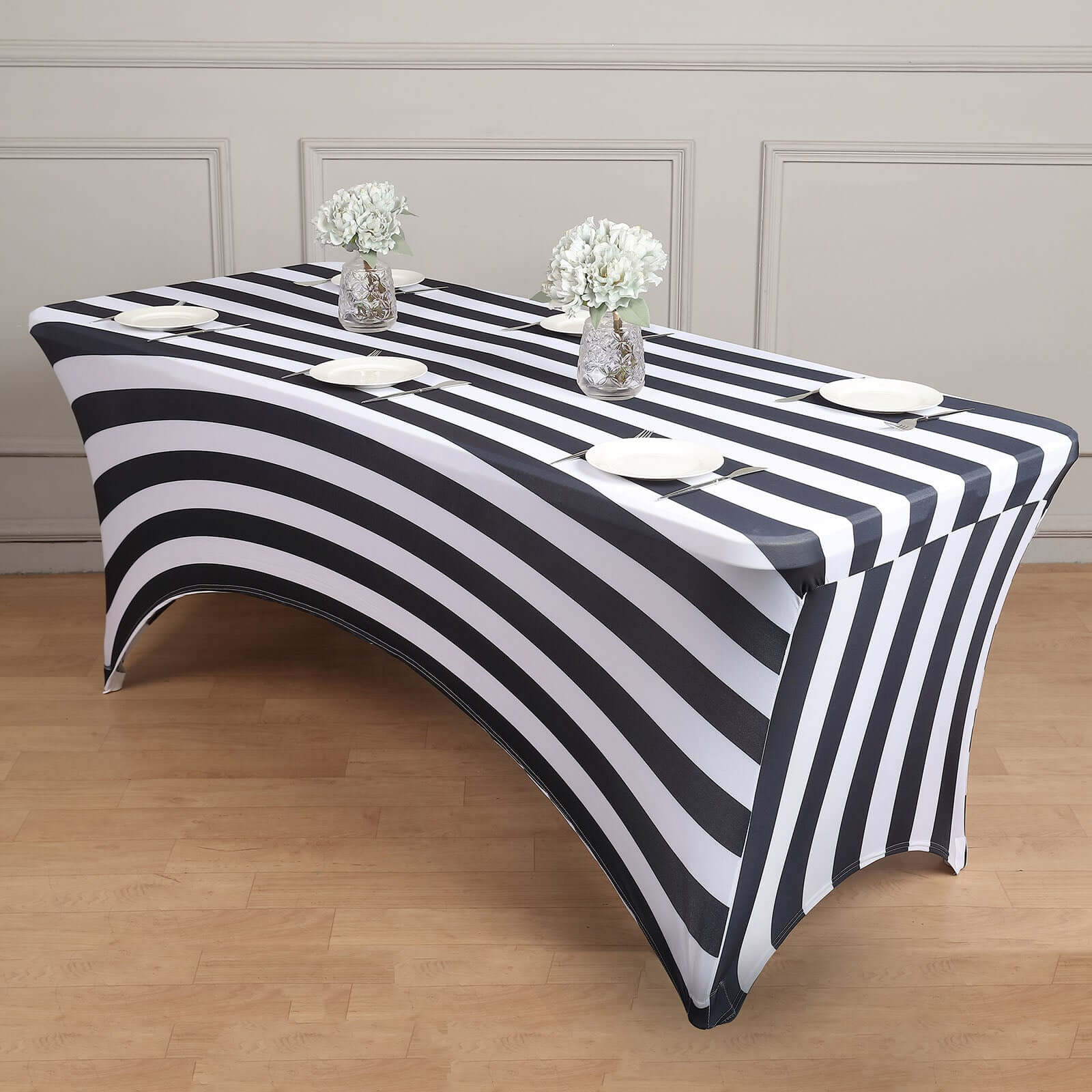 Exclusive Durable 8ft Stretch Spandex Rectangle Tablecloth with Black/White Vertical Stripes for Events