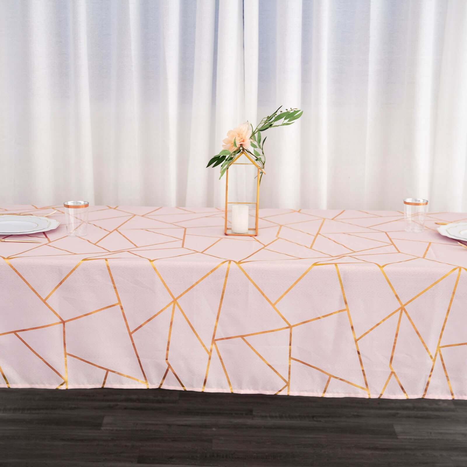 Wrinkle-Resistant & Durable Polyester Tablecloth: Blush with Gold Foil Geometric Pattern (60x102)