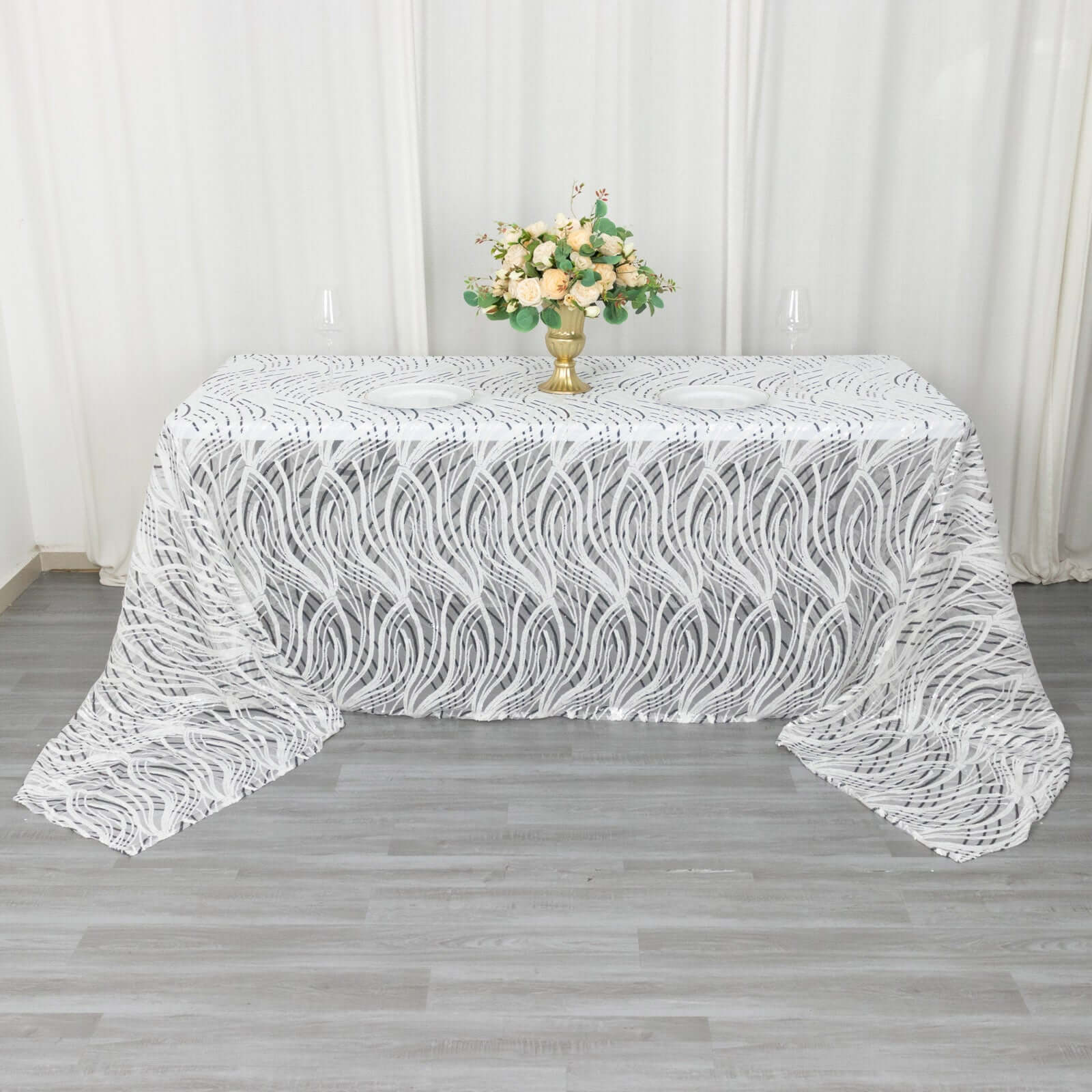 Sparkly Wave Sequin Embroidered White & Black Mesh Rectangle Tablecloth 90x156