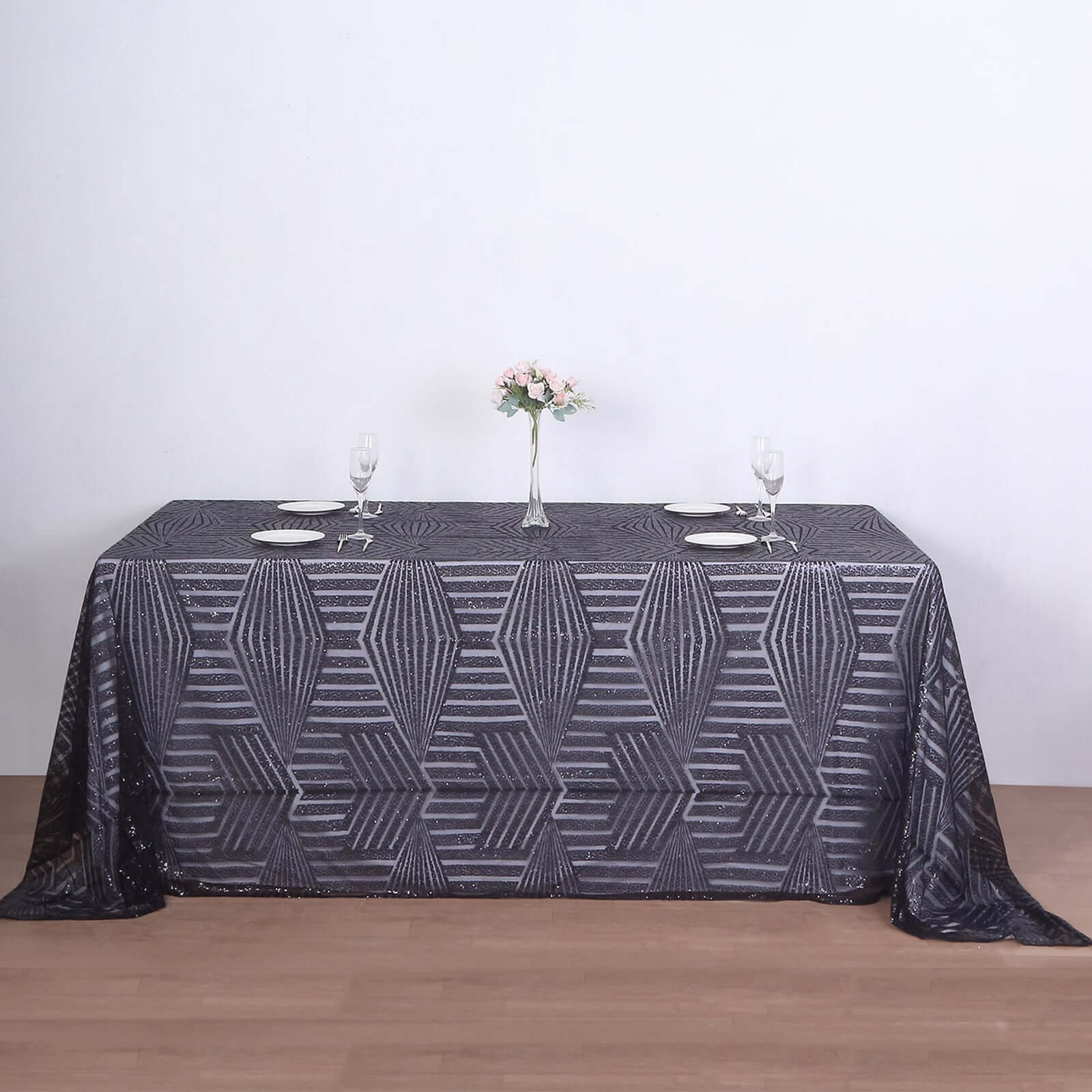Exclusive Black Sequin Rectangle Tablecloth with Diamond Pattern, 90x132 inches