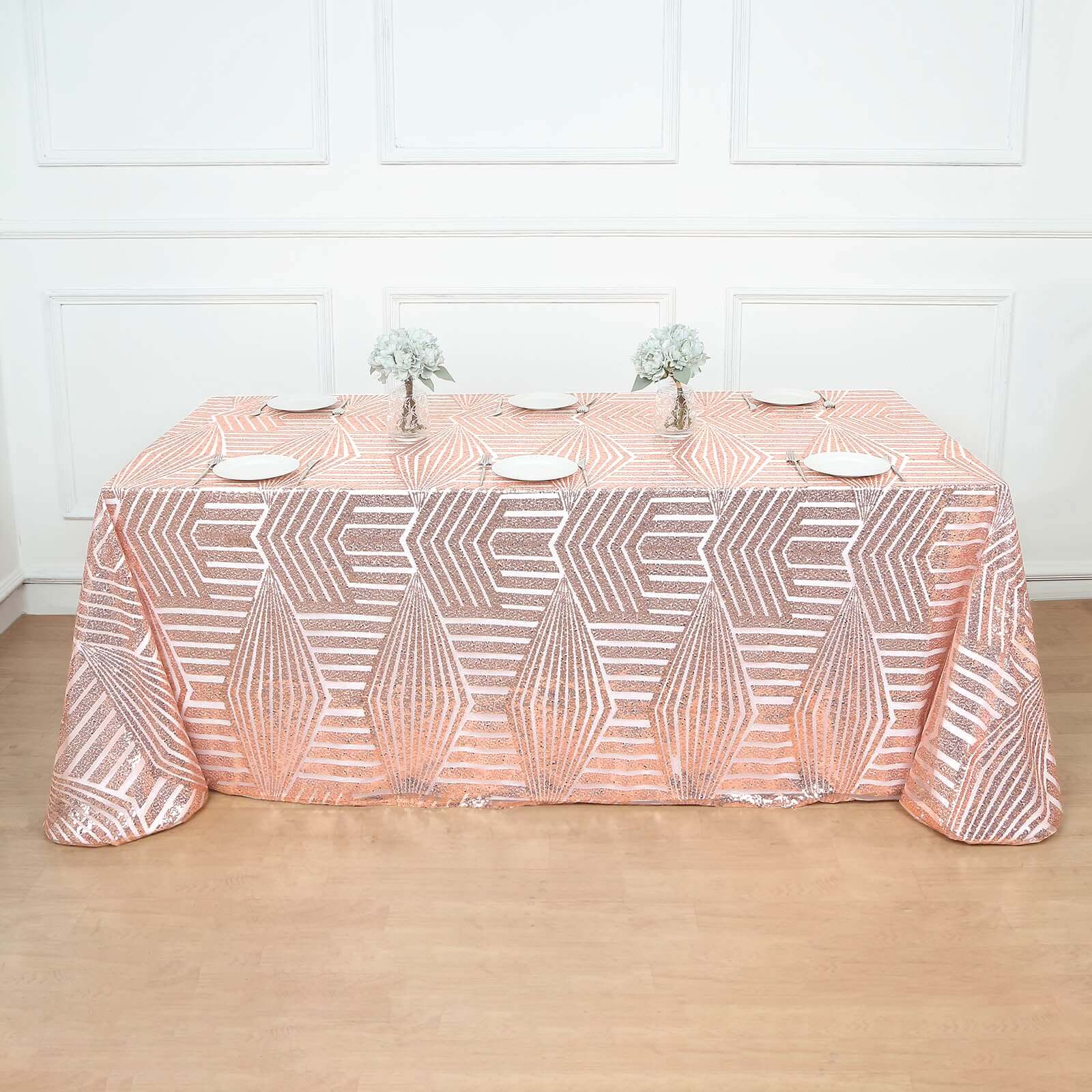 Hot Sale! Rose Gold Sequin Rectangle Tablecloth with Diamond Pattern, 90x132 Size