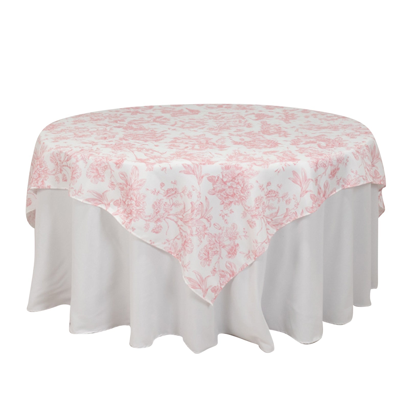 Exclusive Polyester 70x70 Square Table Overlay in White - Pink French Toile Pattern for Elegant Gatherings